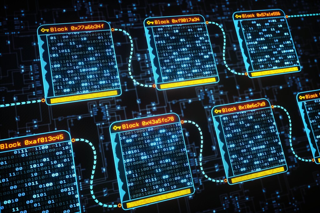 Una interfaz digital abstracta que muestra el concepto de la tecnología blockchain con datos hash binarios dentro de cada bloque.