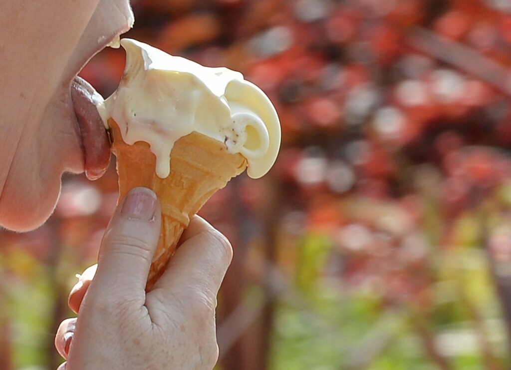 A visitor eats an ice cream at the Chelsea Flower Show in London May 22, 2012. REUTERS/Toby Melville (BRITAIN - Tags: ENTERTAINMENT ENVIRONMENT SOCIETY) - LM1E85M19BS01