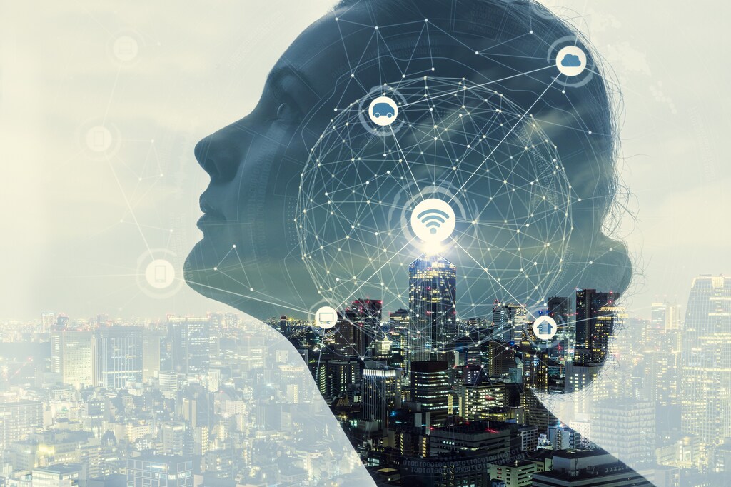 Woman's head superimposed on cityscape with neural network diagram inside the head: The brain computer interface market is predicted to be worth $6.2 billion by 2030.