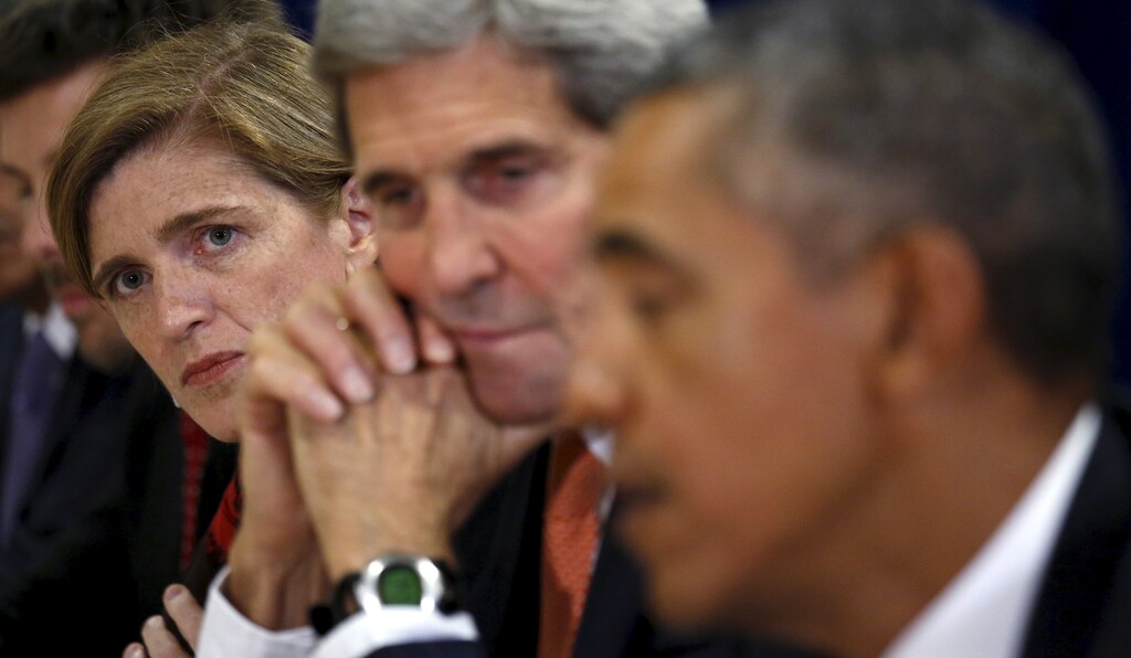 U.S. Ambassador the the U.N. Samantha Power (L) and U.S. Secretary of State John Kerry (C) listen as U.S. President Barack Obama meets with India's Prime Minister Narendra Modi (unseen) at the United Nations General Assembly in New York September 28, 2015. REUTERS/Kevin Lamarque - GF10000225409
