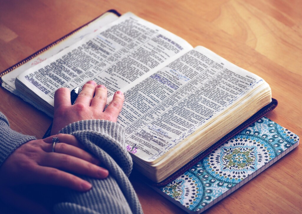 Person, with hands on top, reading a book.