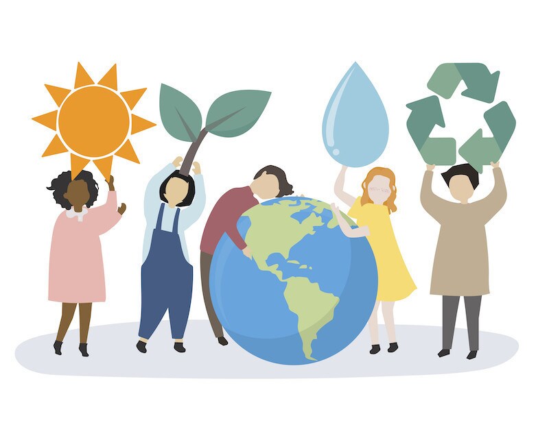 An illustration of people caring about the world and the environment, surrounding a giant globe and holding various symbols for the sun, leaves, water, and recycling respectively