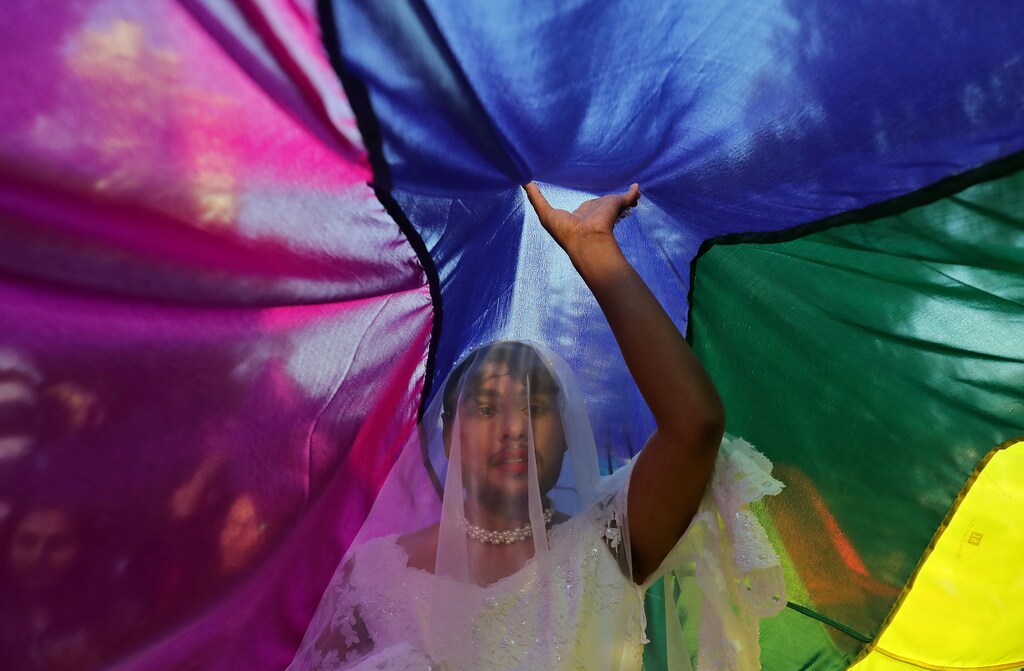 A participant touches a rainbow flag during Queer Pride March, an event promoting gay, lesbian, bisexual and transgender rights, in New Delhi, India, November 25, 2018. REUTERS/Anushree Fadnavis - RC19596682A0