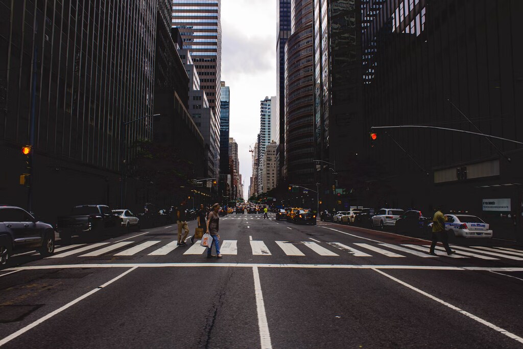 People crossing a street in Manhattan, New York.