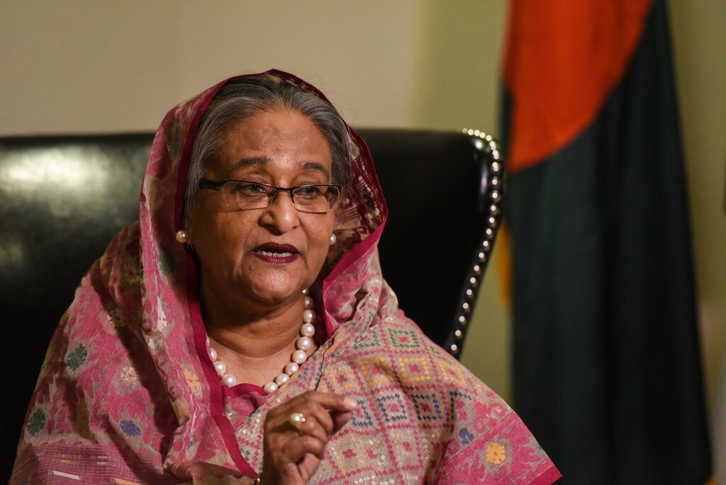 Bangladesh's Prime Minister Sheikh Hasina Wazed speaks with a reporter during the United Nations General Assembly in New York City, U.S. September 18, 2017. REUTERS/Stephanie Keith - RC1E273BC110