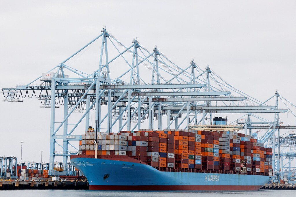 Shipping containers sit on a Maersk vessel docked at the port of Los Angeles in Long Beach, California, US, March 10, 2026.