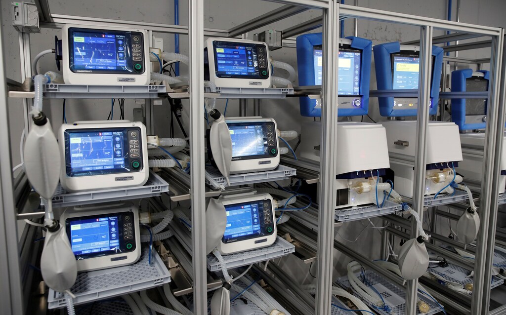 Ventilators of Hamilton Medical AG are seen at a plant in Domat/Ems, Switzerland March 18, 2020. REUTERS/Arnd Wiegmann - RC2IMF98ZQS6