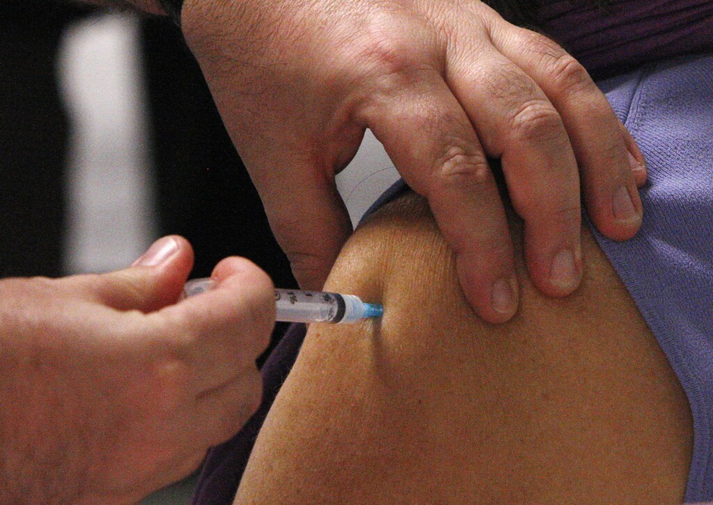 A woman receives the H1N1 influenza vaccination in Ottawa October 26, 2009. Health care workers across the country began administrating H1N1 influenza vaccine shots on Monday. REUTERS/Chris Wattie (CANADA HEALTH) - RTXQ1G3