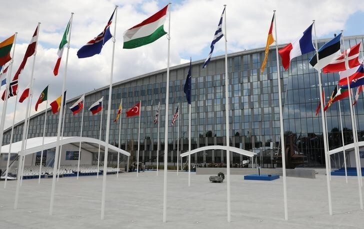 A general view of the NATO official tribune ahead of the opening ceremony of the NATO (North Atlantic Treaty Organization) summit, at the NATO headquarters in Brussels, Belgium, July 11, 2018. Ludovic Marin/Pool via REUTERS