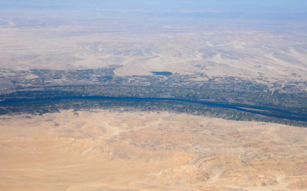An aerial view of the River Nile valley and desert pictured through the window of an airplane on a flight between Cairo and Luxor, Egypt April 11, 2021. Picture taken April 11, 2021.