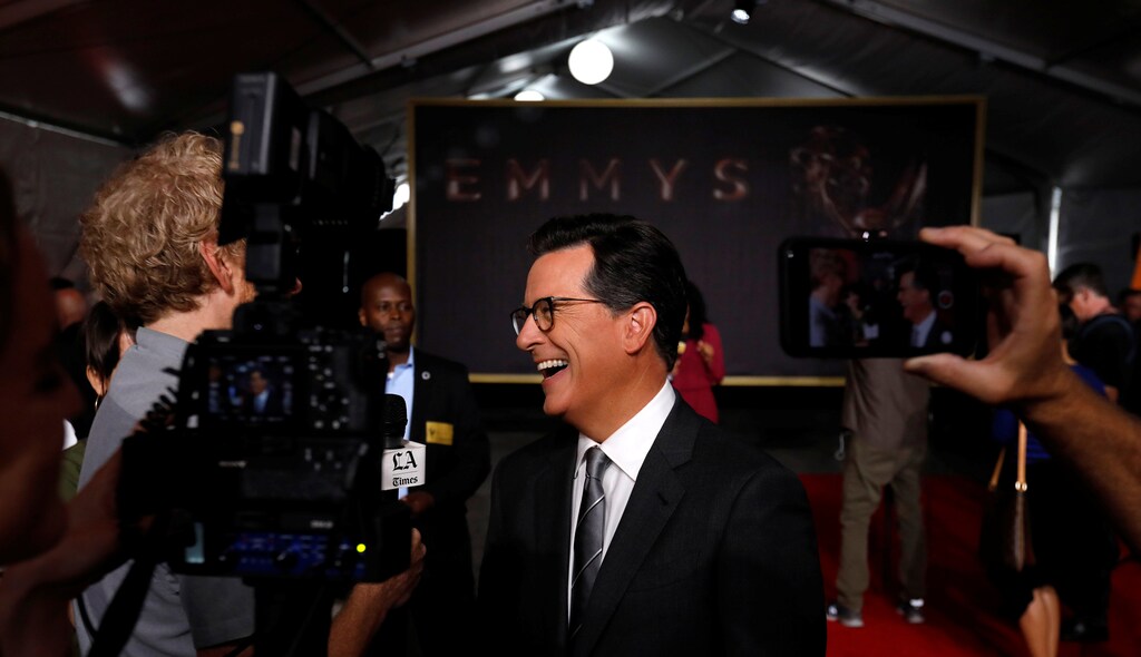 Show host Stephen Colbert is interviewed after the rolling out the red carpet during preparations for the 69th Emmy Awards at Microsoft Theater in Los Angeles, California, U.S., September 12, 2017. REUTERS/Mario Anzuoni - RC17469E1720