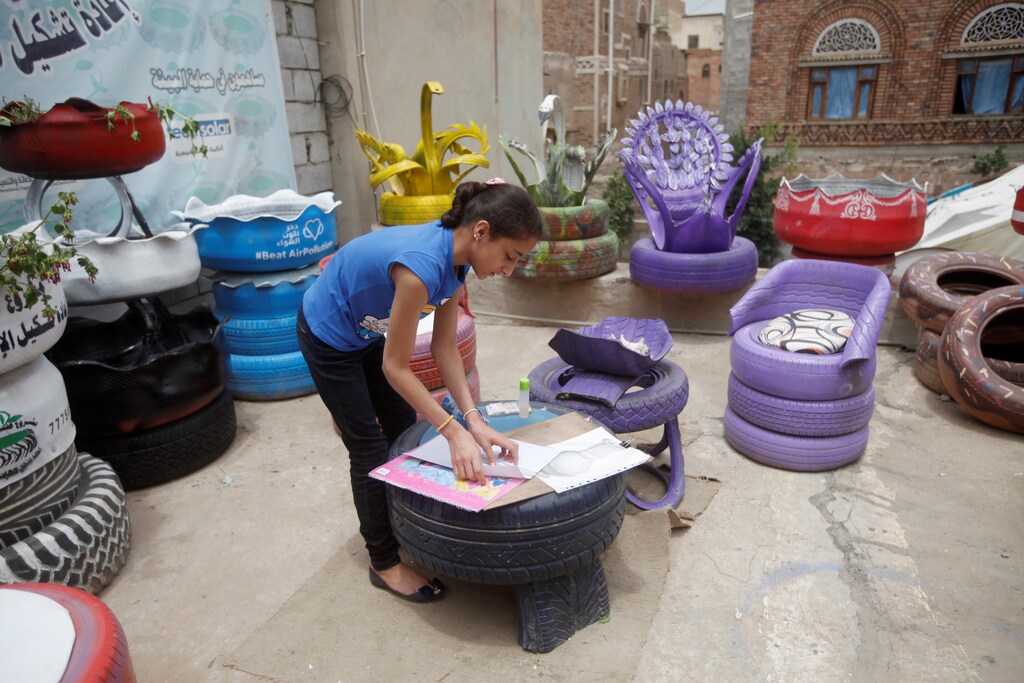 A tyre recycling workshop in Sanaa, Yemen.