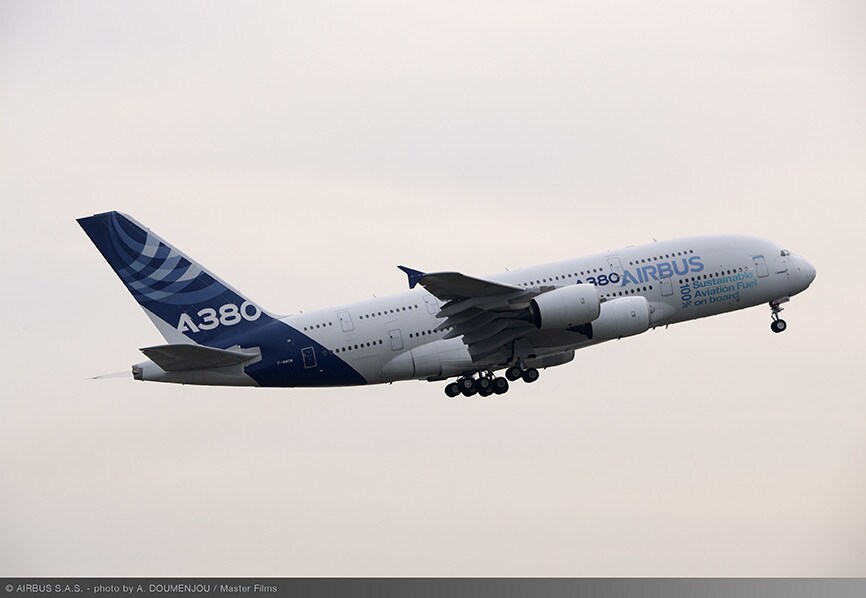 Airbus A380 flown using sustainable aviation fuel.