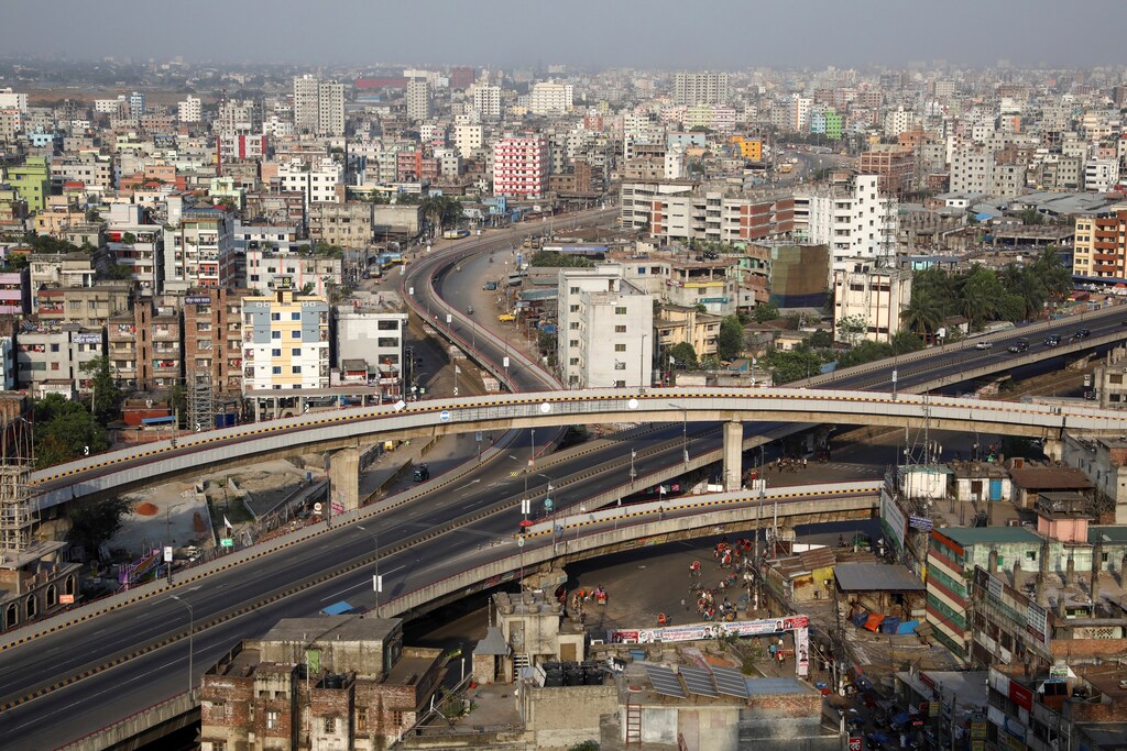 Arial view of an almost empty flyover during countrywide lockdown for coronavirus disease (COVID-19) outbreak in Dhaka, Bangladesh, March 27, 2020.