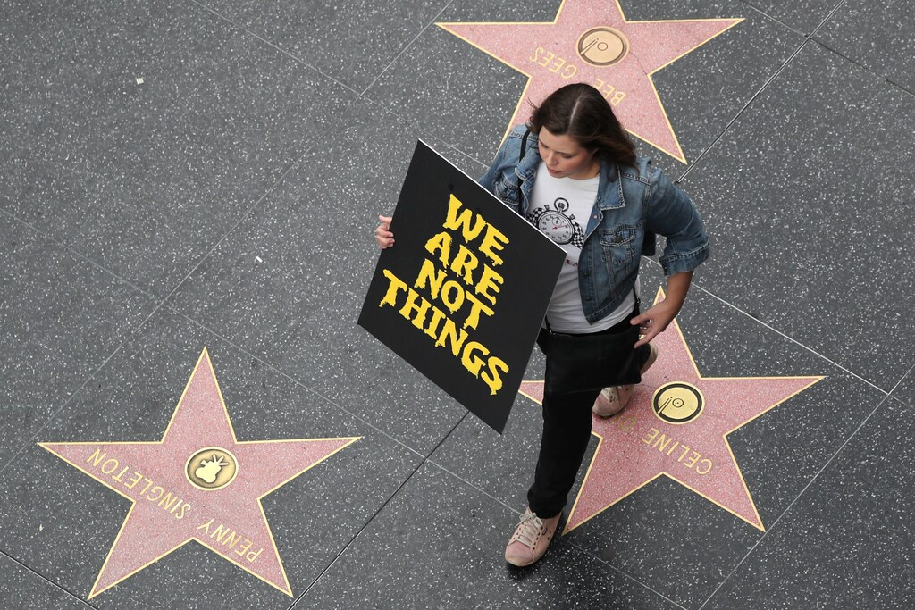 A demonstrator takes part in a #MeToo protest march for survivors of sexual assault and their supporters on the Hollywood Walk of Fame in Hollywood, Los Angeles, California U.S. November 12, 2017. REUTERS/Lucy Nicholson - RC1CADF83F40