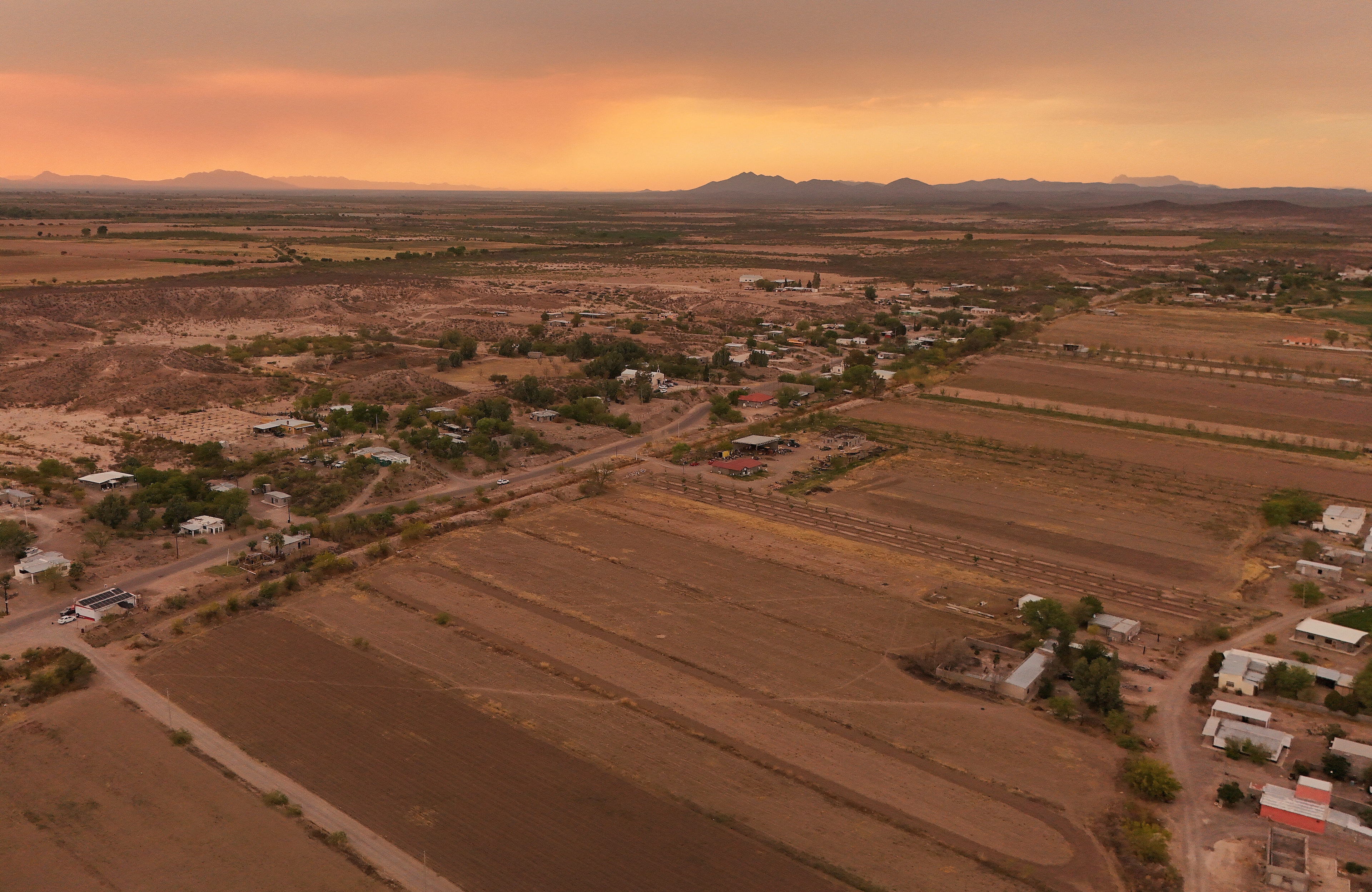 A drone view shows dry fields, normally used for growing alfalfa or onions, affected by the drought, as a 1944 water treaty strains relations between Mexico and the United States, in the village of La Esperanza in Julimes, Mexico April 16, 2025: Northern Mexico’s economic expansion in manufacturing and energy is jeopardized by chronic water scarcity 