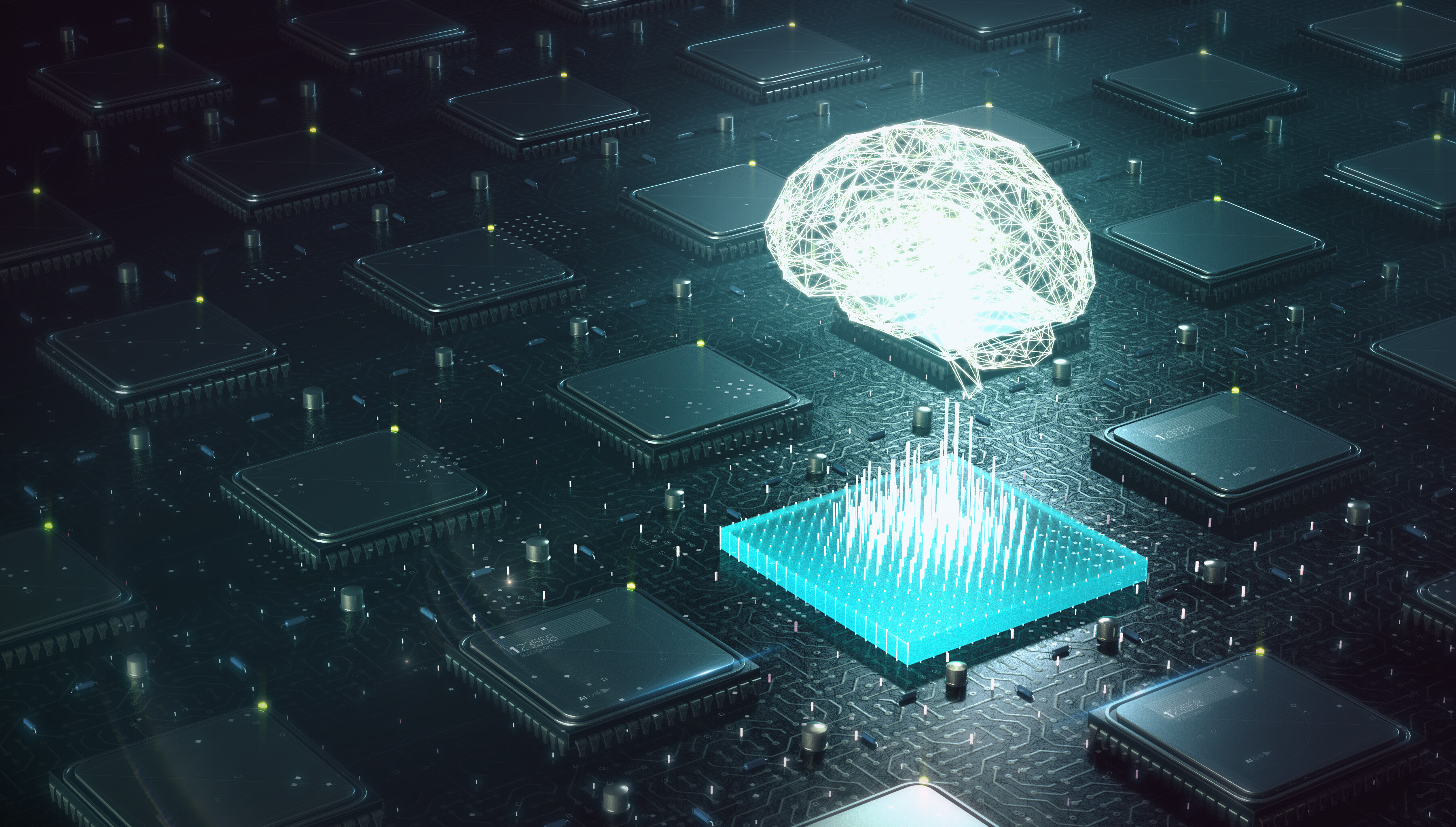 Machine learning , artificial intelligence, ai, deep learning blockchain neural network concept. Brain made with shining wireframe above multiple blockchain cpu on circuit board intellectual property