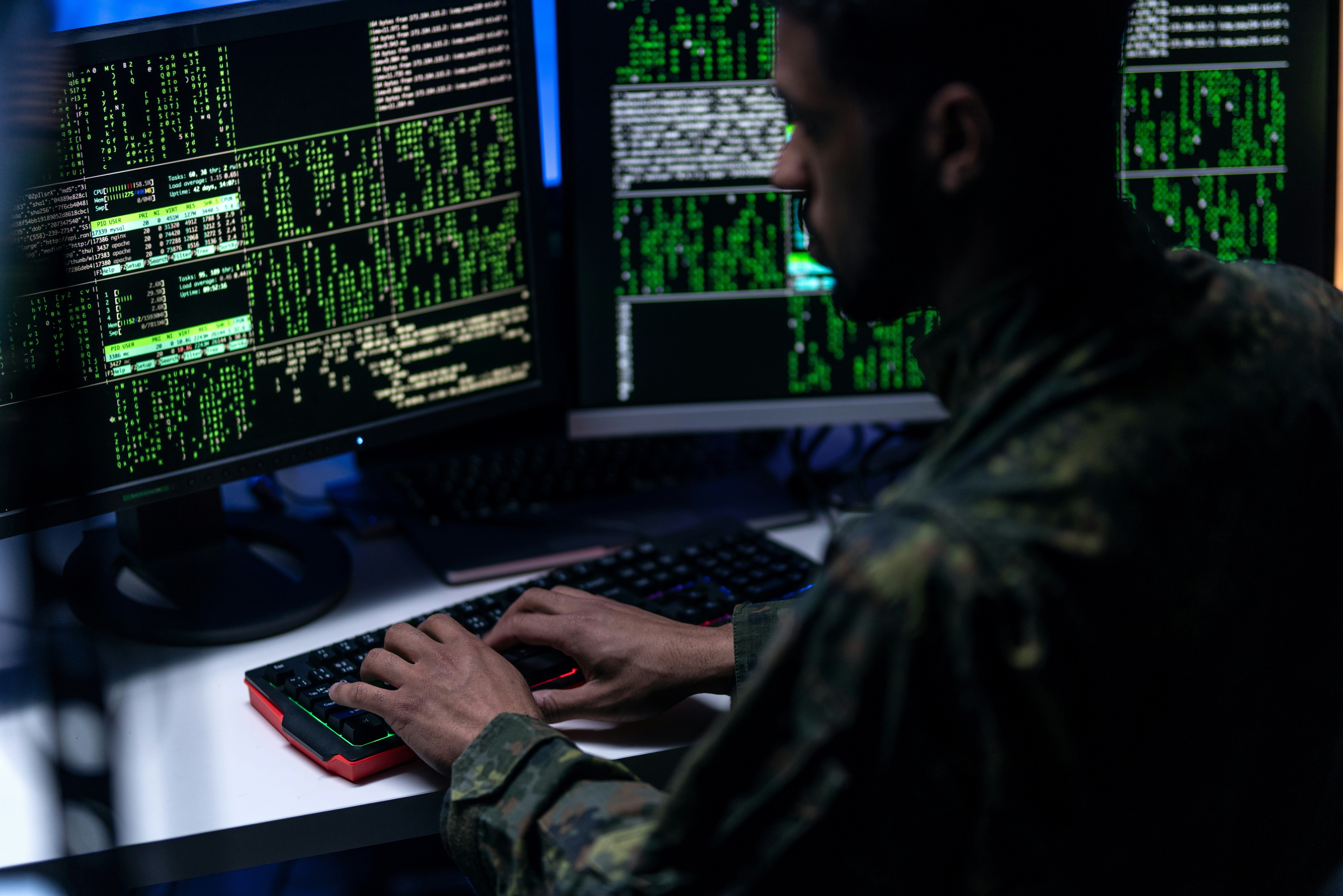 A soldier at a desk as conflict in the Middle East influences the cybersecurity landscape.