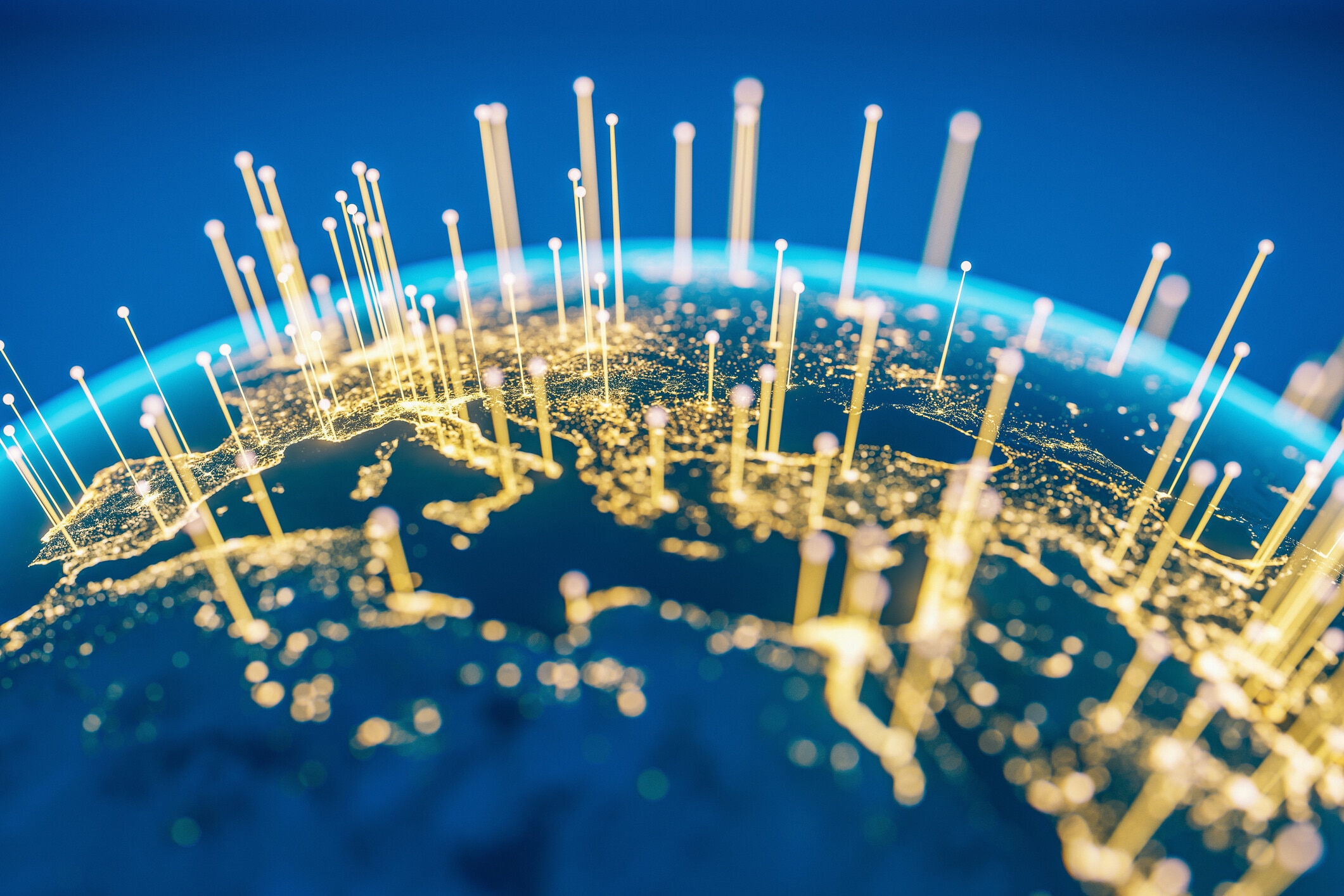 Abstract Earth view from space with fiber optic cables rising from major cities illustrating VUCA world.(World Map Courtesy of NASA: https://visibleearth.nasa.gov/view.php?id=55167)