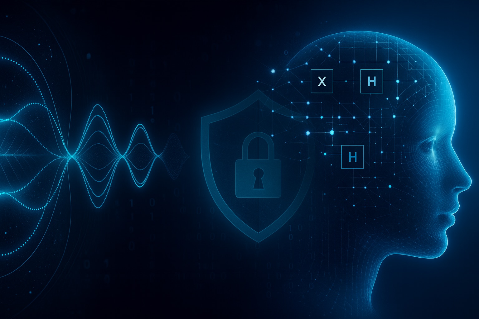 A head with X-H-H blocks and a cyber lock and radio waves graphic in blue: Quantum technologies are already revolutionizing use cases across industries
