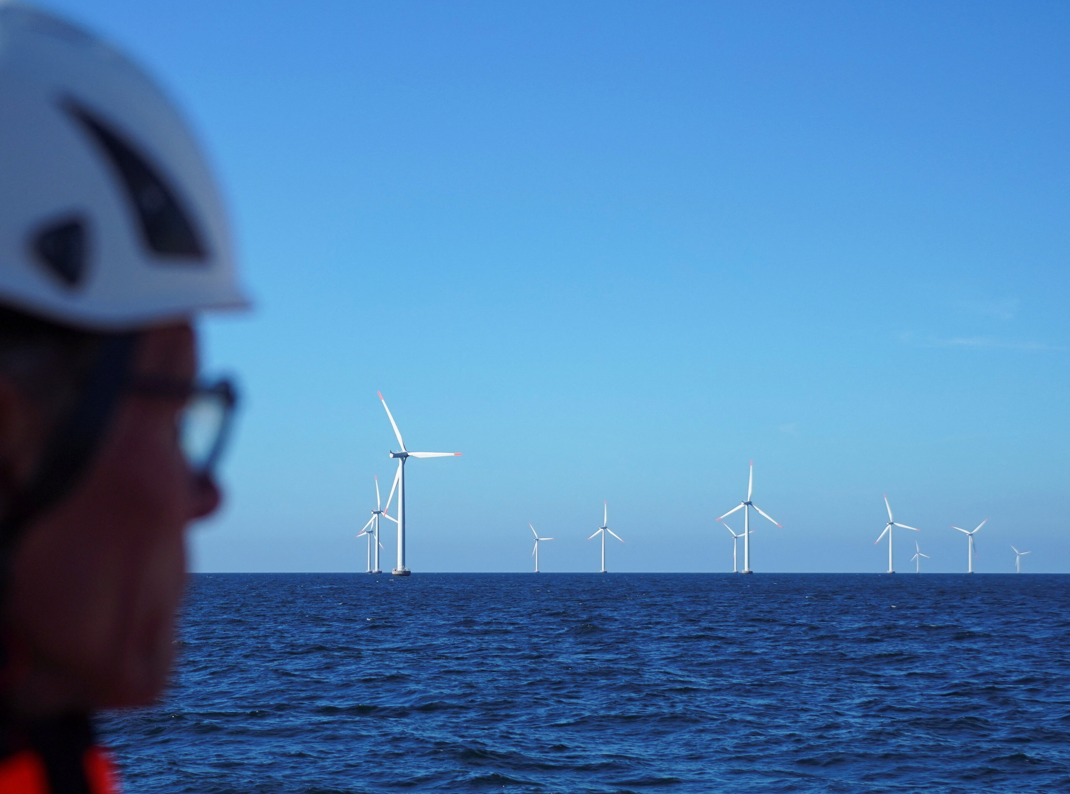 A view of the turbines at energy company Orsted's offshore wind farm near Nysted, Denmark.
