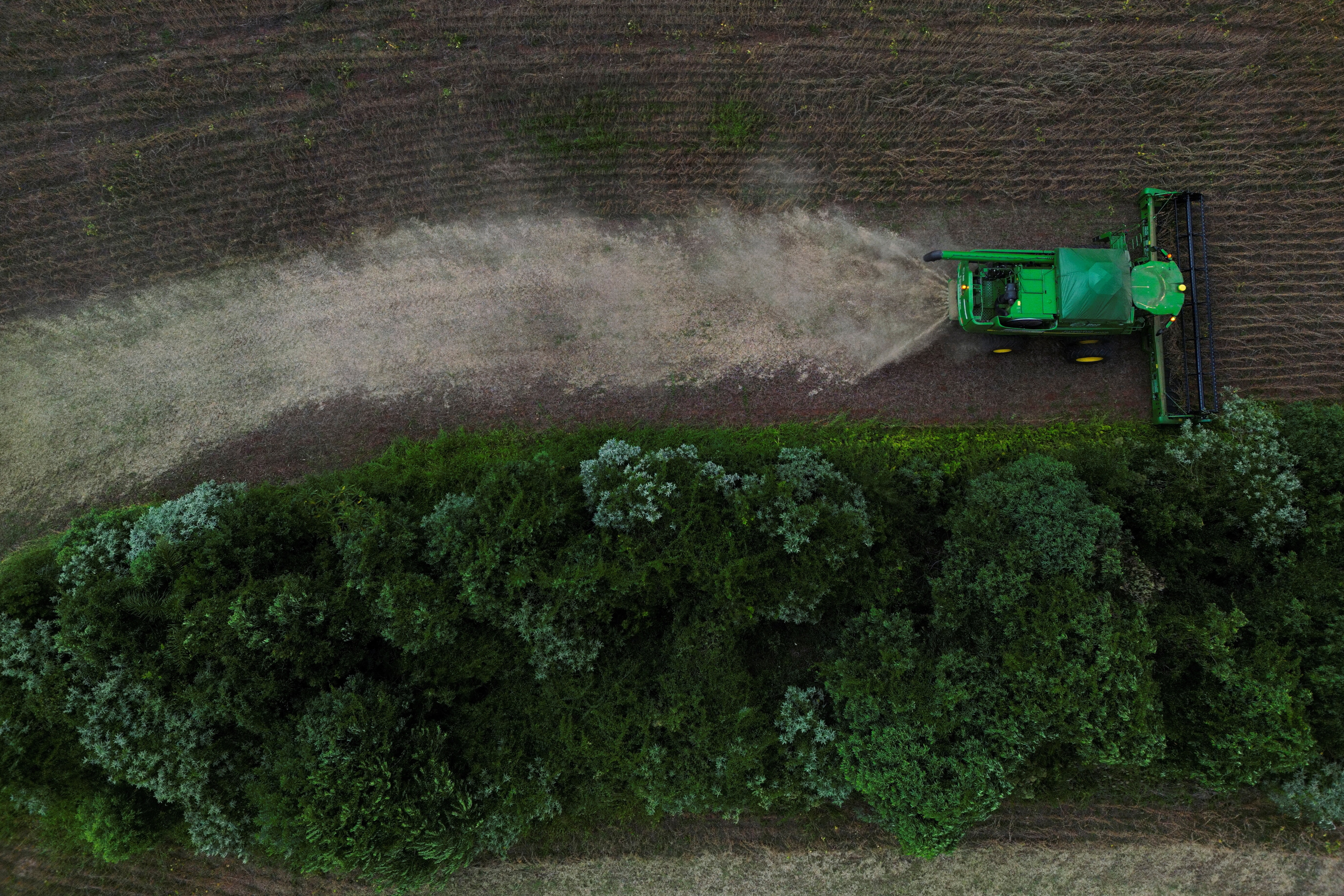 A rural worker harvests soybeans using machinery powered by BeVant biofuel, produced by Be8, as geopolitical tensions impact the global oil market and drive interest in alternative fuels, in Passo Fundo, Rio Grande do Sul, Brazil.