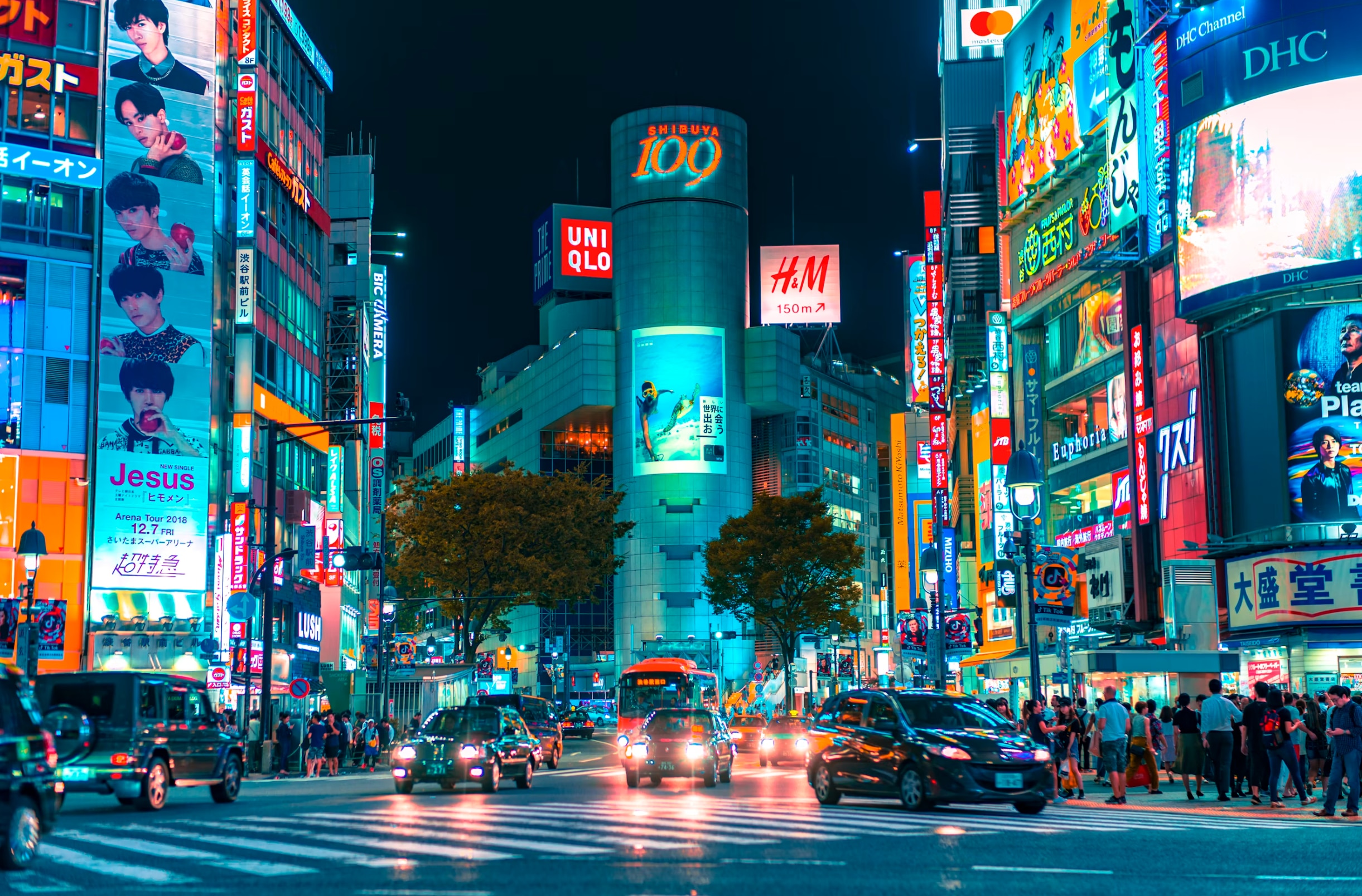 Shibuya, Japan, a tourist destination, at night.
