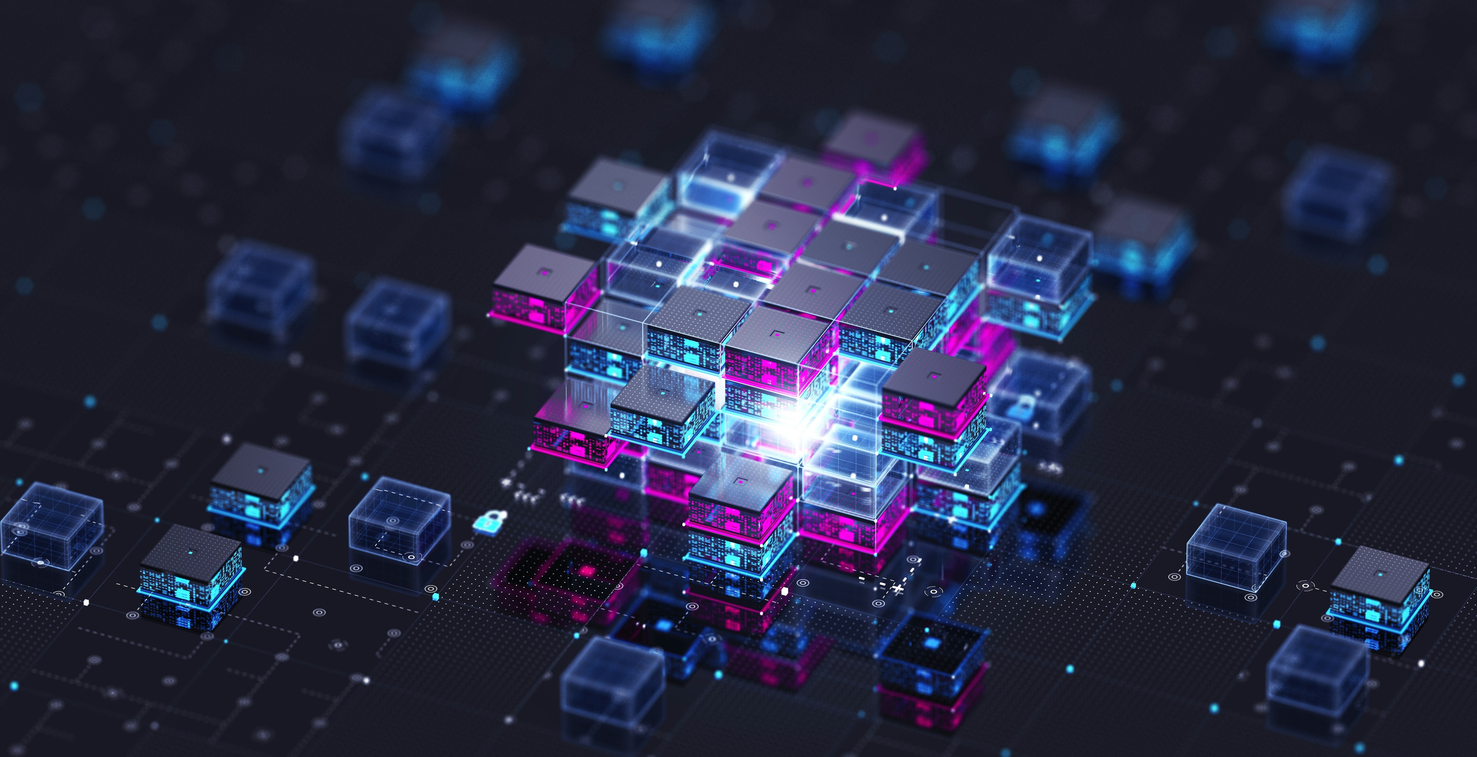 A high-tech 3D visualization of glowing pink and blue digital data cubes representing the processing power of an AI neural network