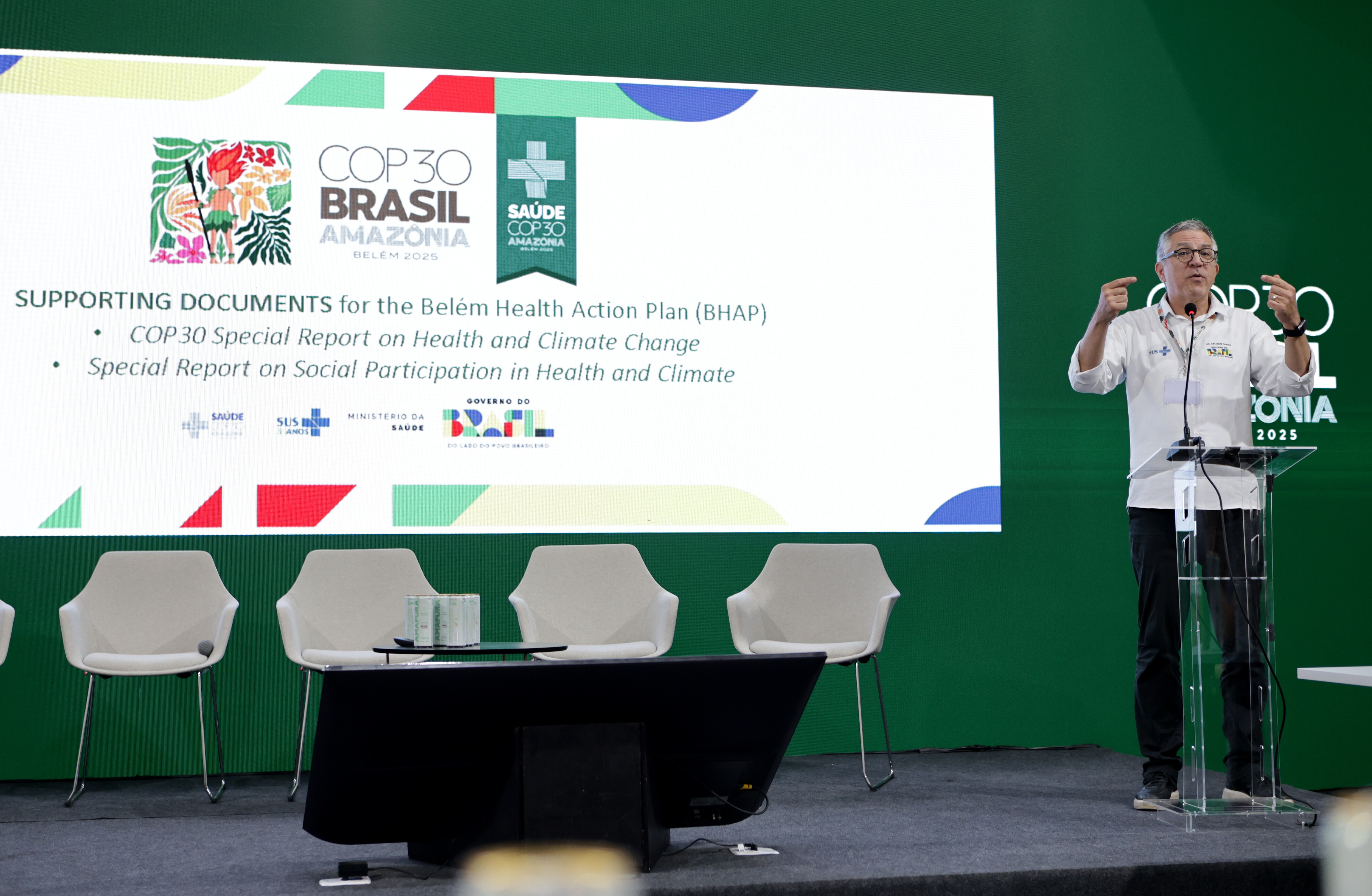 Alexandre Padilha, Brazil's Minister of Health, speaks at the panel "Accelerating the Implementation of the Belém Health Action Plan" during the 30th Conference of the Parties (COP30).
