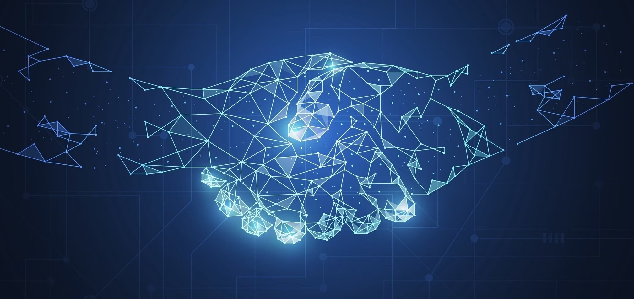 Stablecoins: apretón de manos como concepto de negocio. Malla abstracta con puntos y líneas que representan una conexión tecnológica sobre fondo blanco.