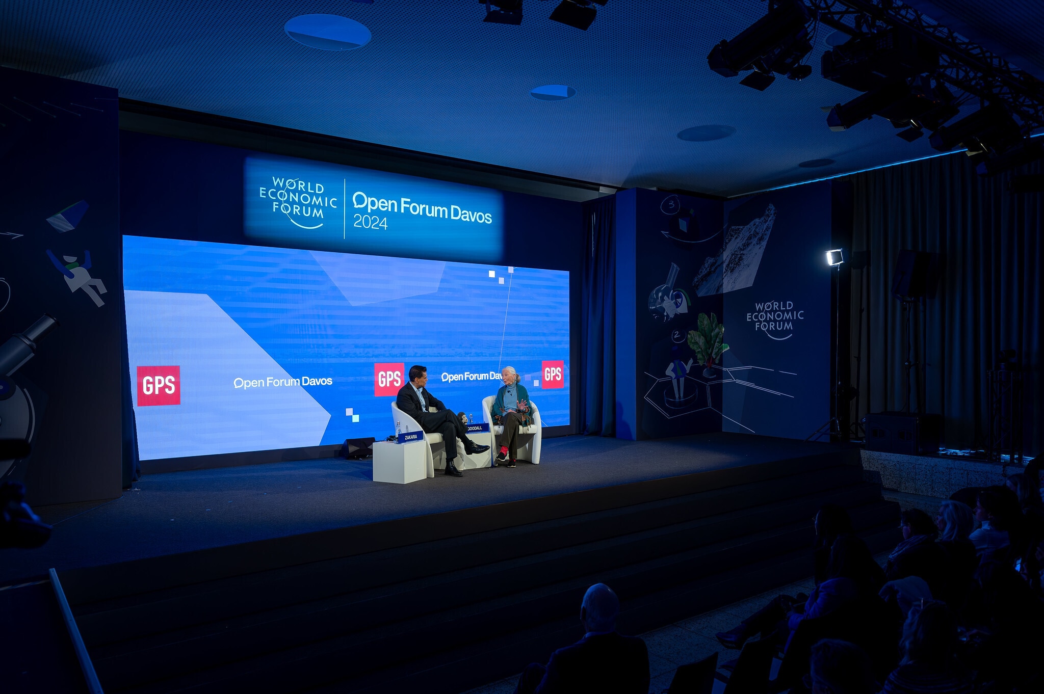 Jane Goodall speaks to young people at the Open Forum in Davos in 2024.