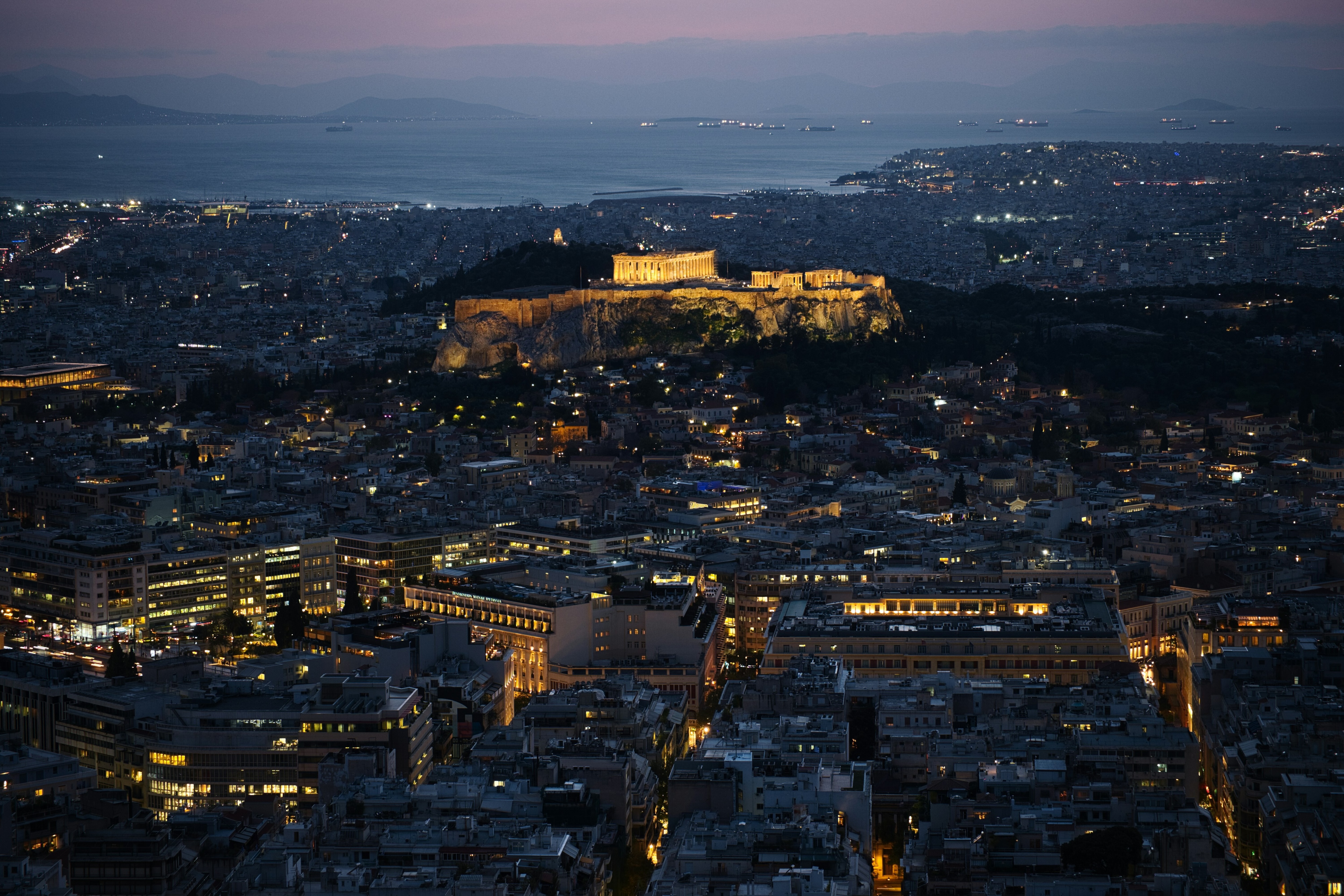 Night-time birds eye view of Athens, Greece.