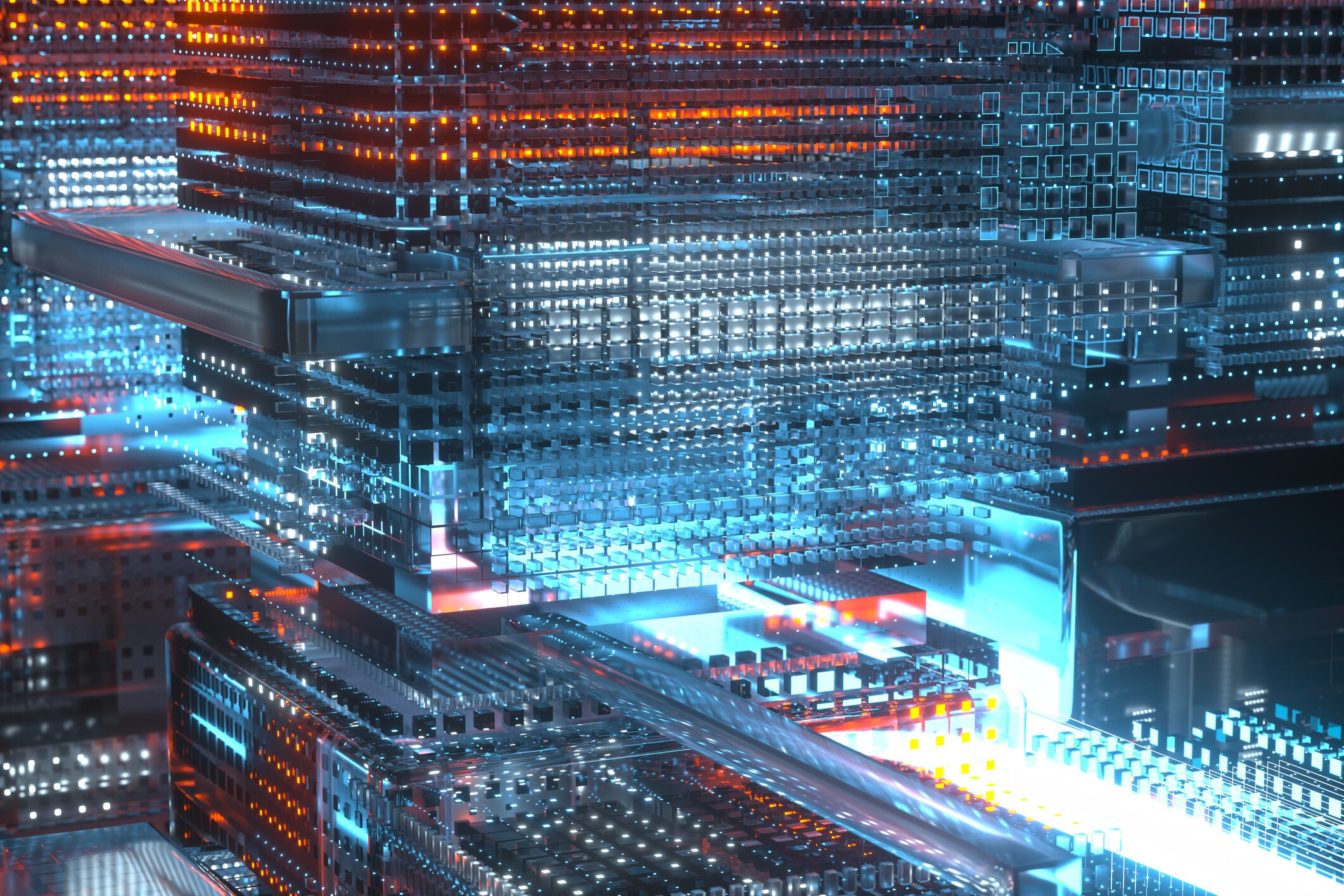 Transfering data metaphor. Orange and blue digital files moving on a mother board; data centre