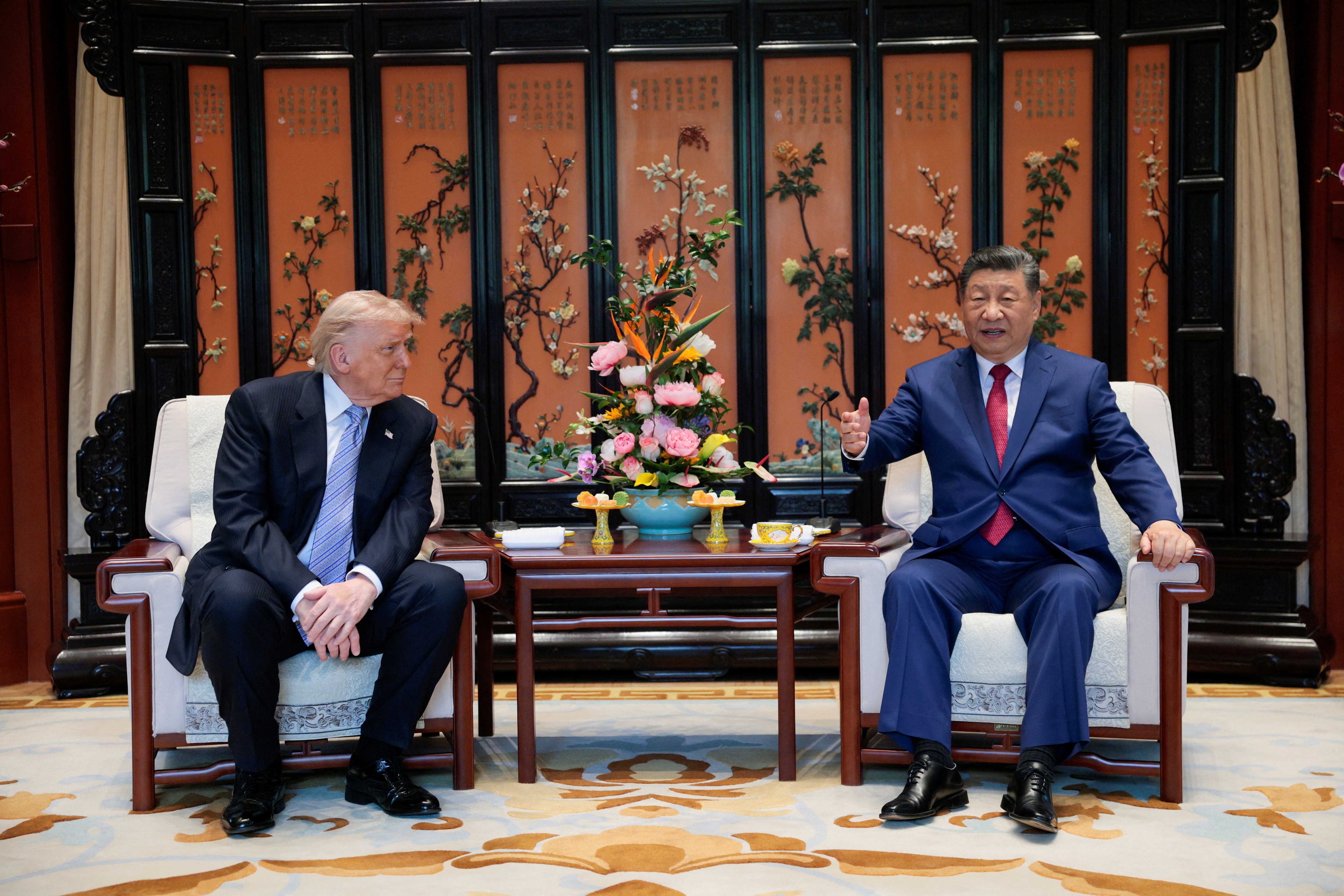 Chinese President Xi Jinping and U.S. President Donald Trump attend a meeting on the sidelines of their visit to the Zhongnanhai Garden in Beijing, China, May 15, 2026. REUTERS/Evan Vucci/Pool