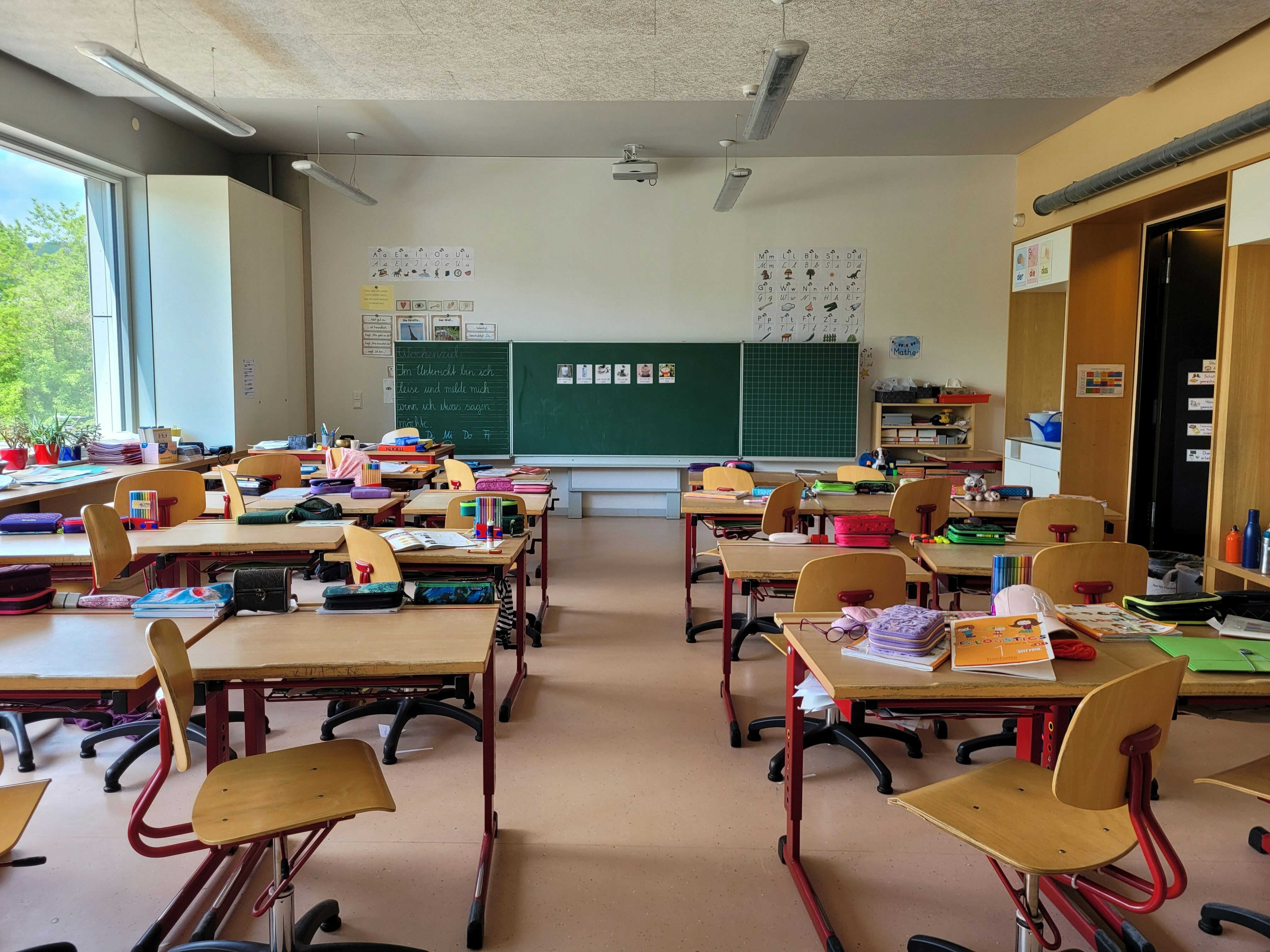 An empty classroom with student's belongings on tables.