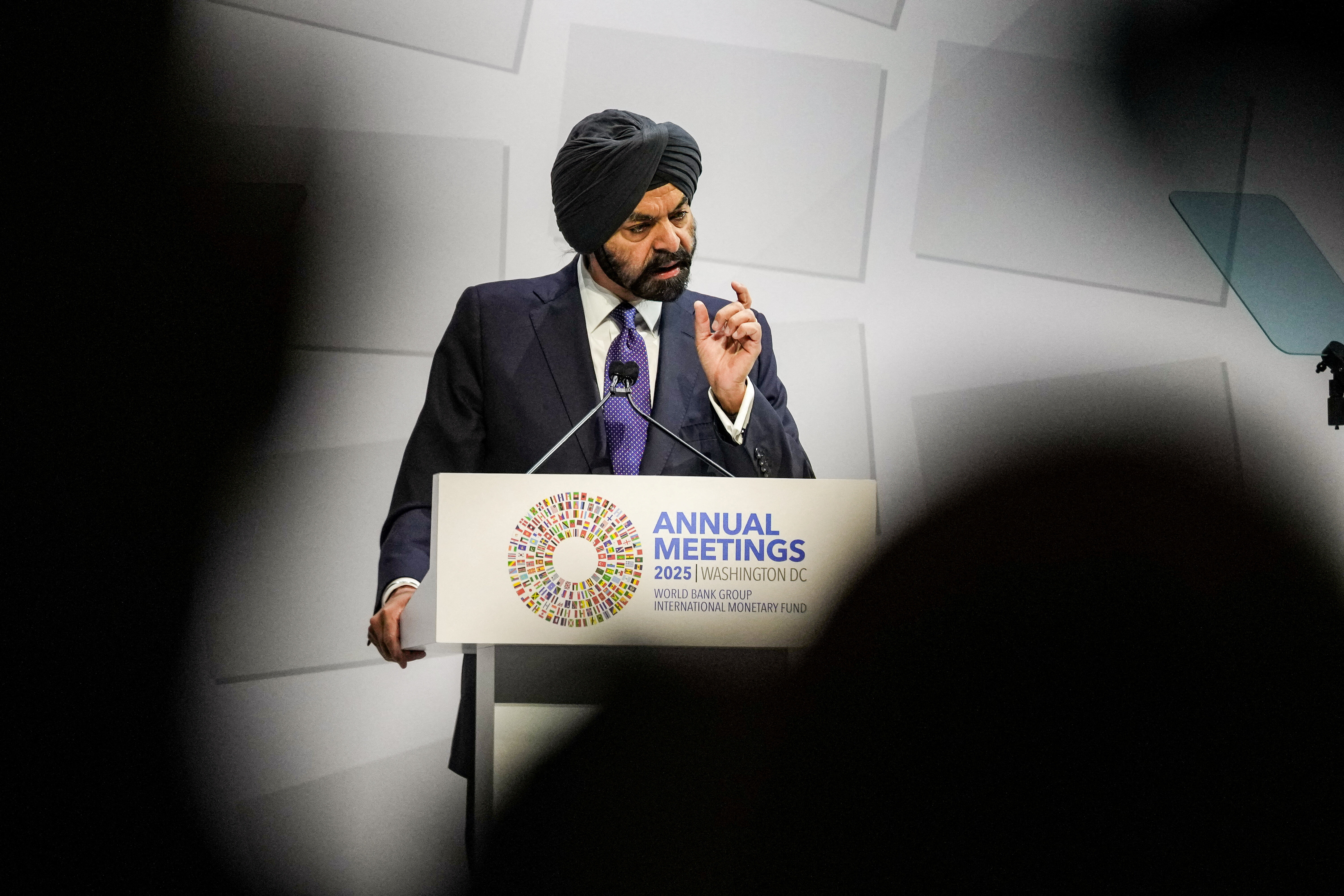 World Bank President Ajay Banga speaks during the IMF/World Bank annual meetings in Washington, DC.