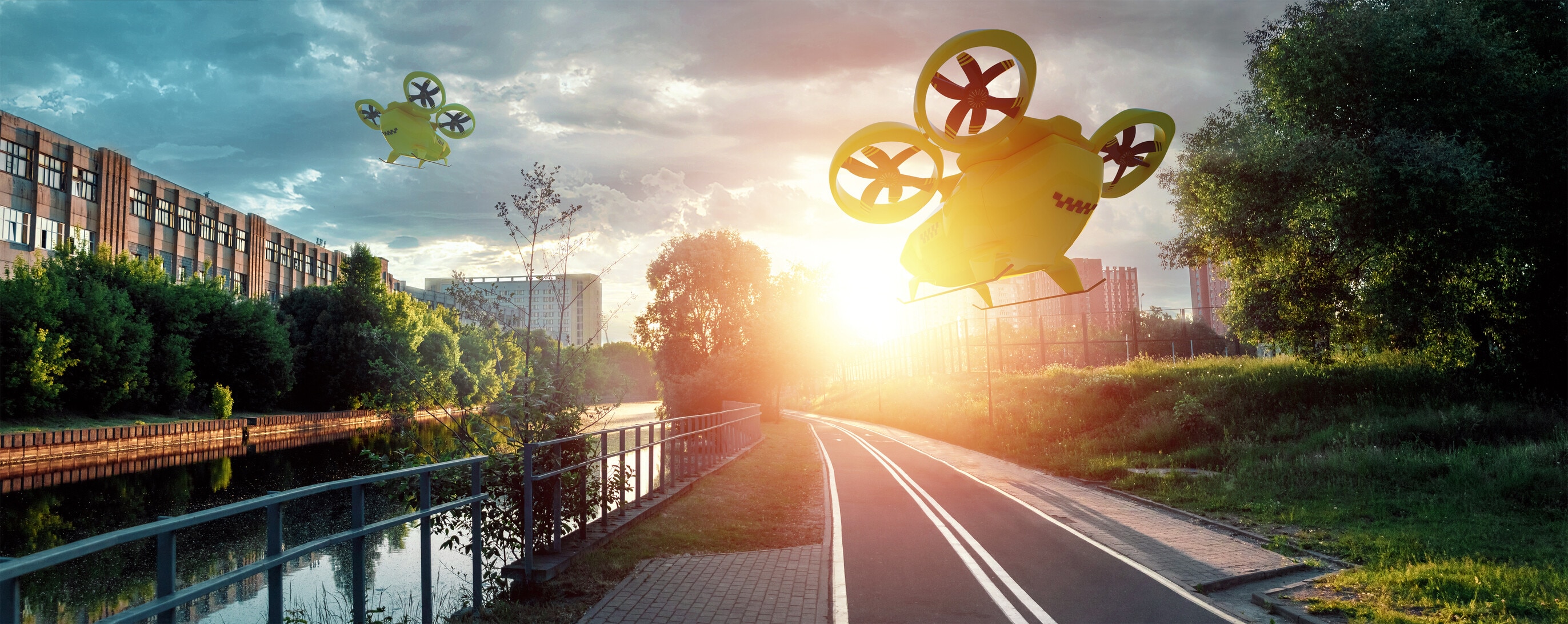 Yellow flying taxi against the sky, city electric transport drone. Car with propellers, clean air, fast ride. Mixed media, copy space; AI aviation