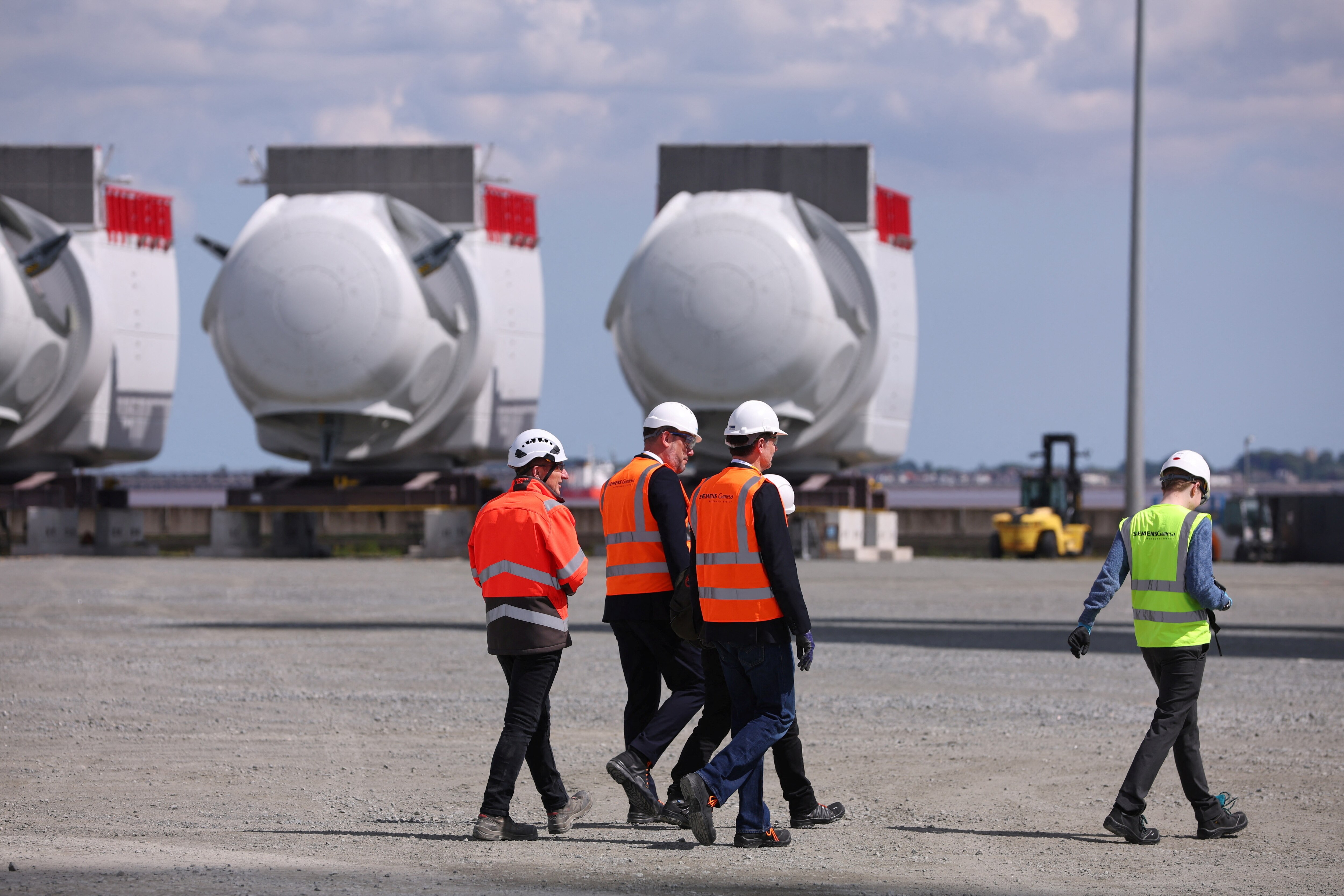 A general view shows the construction and assembly area for nacelles and 120-metre towers at the Siemens Gamesa factory in Hull, Britain, on May 28, 2025.