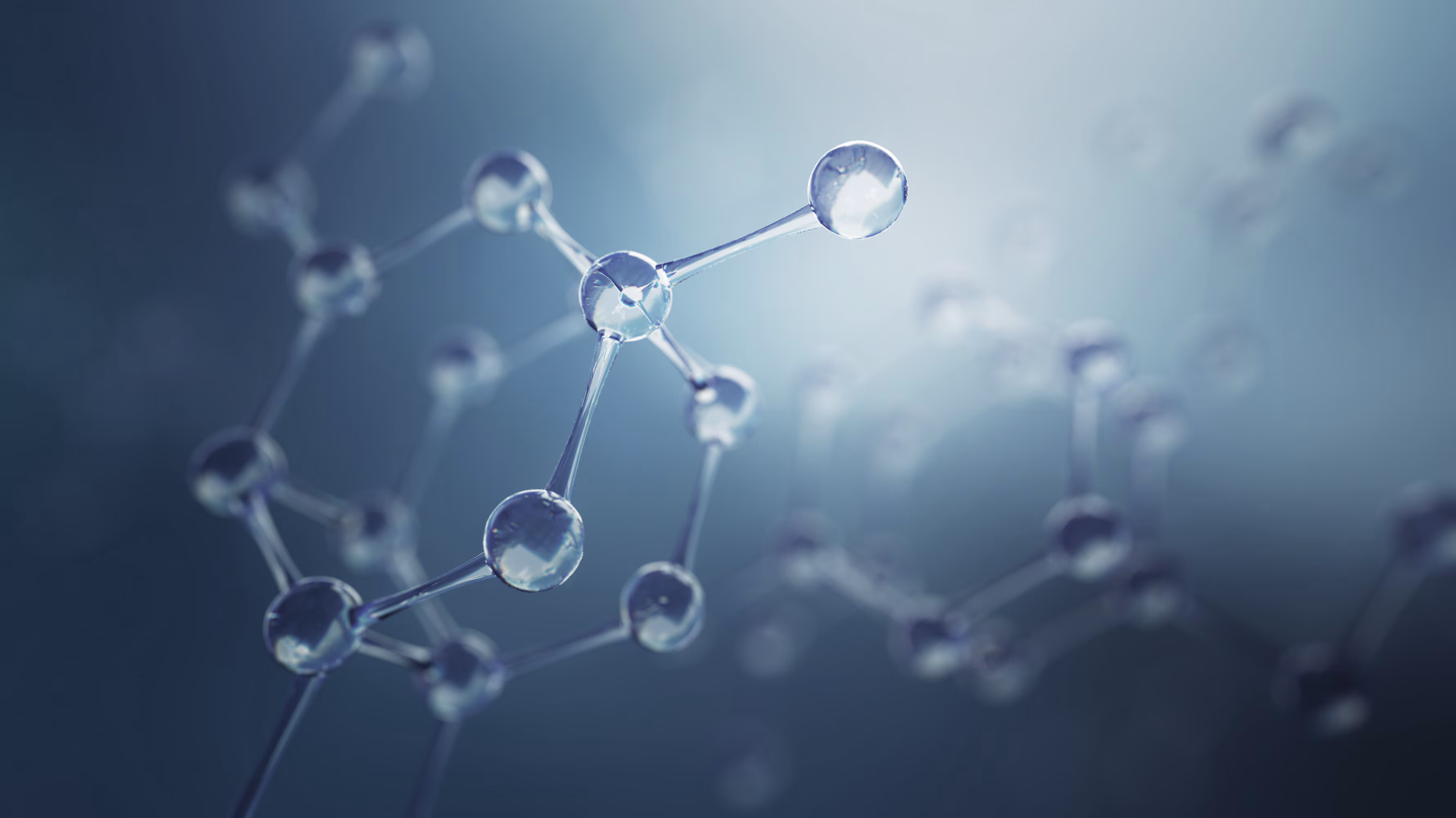 Ilustración en 3D de un modelo molecular. Fondo científico con moléculas y átomos: La convergencia entre la inteligencia artificial y la computación cuántica puede acelerar el progreso en salud.