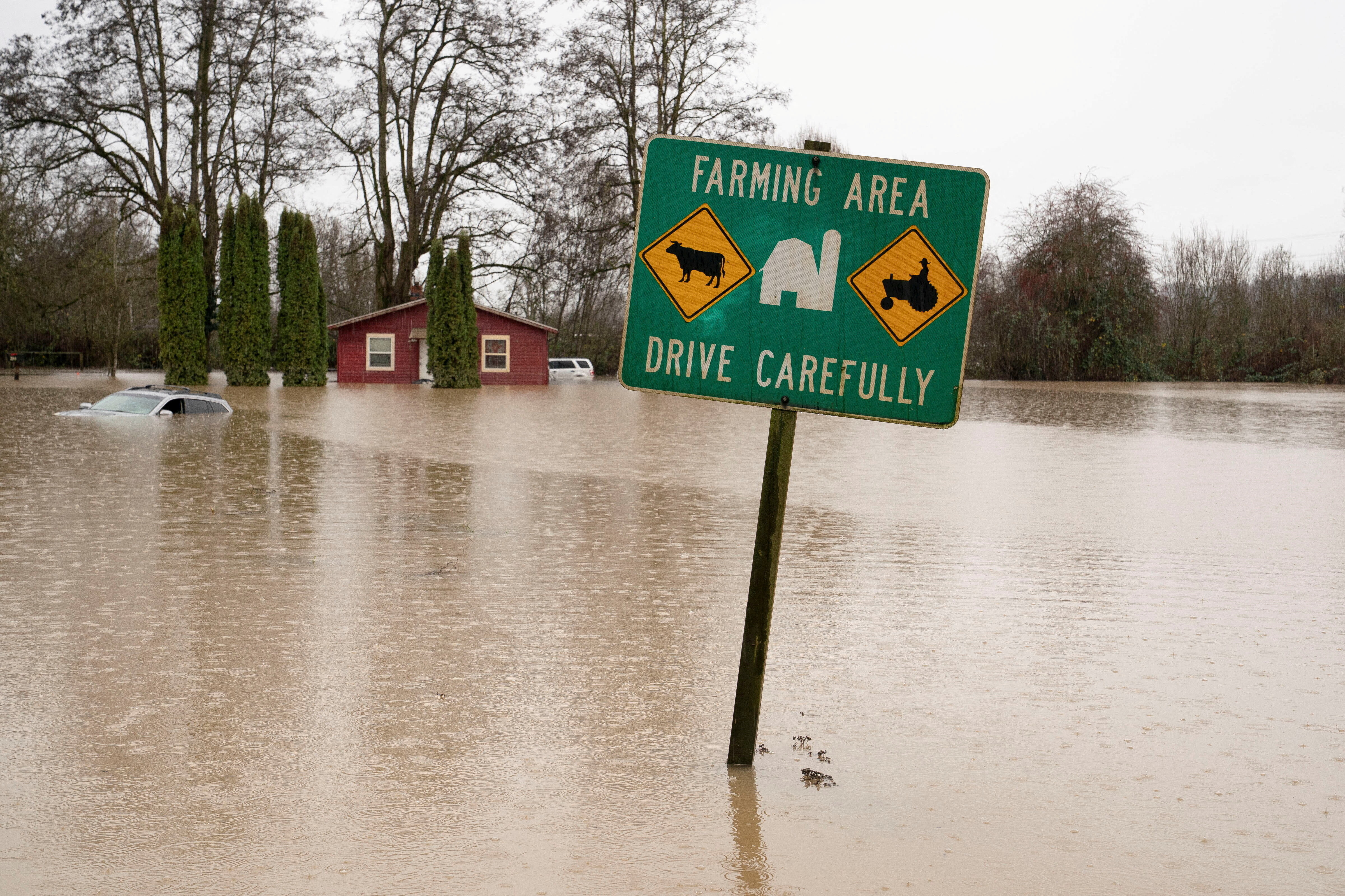 A farming area flooded in the Pacific Northwest, in Kent, Washington, US.