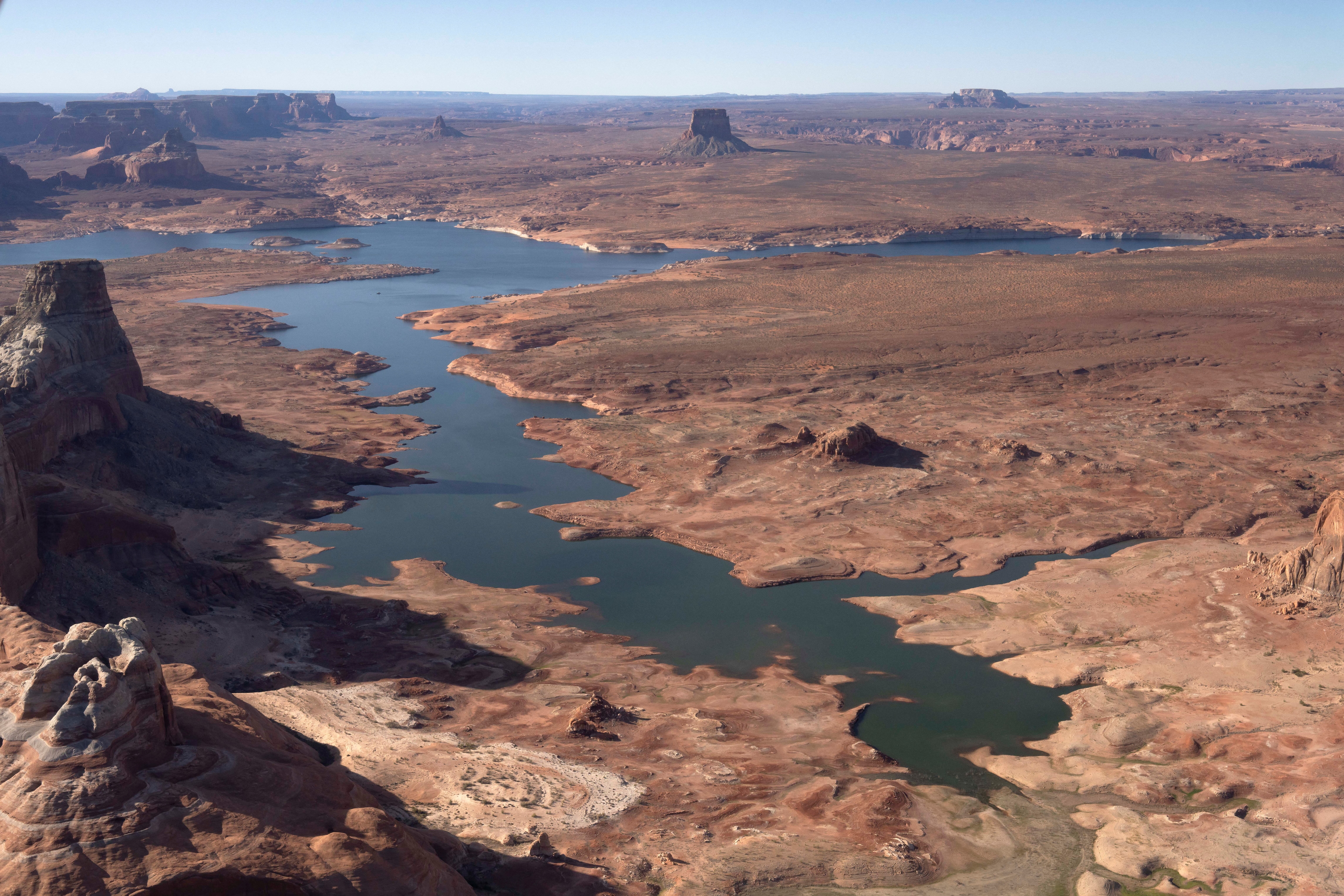 Critically low water levels in Lake Powell, a reservoir of the Colorado River, near Page, Arizona.