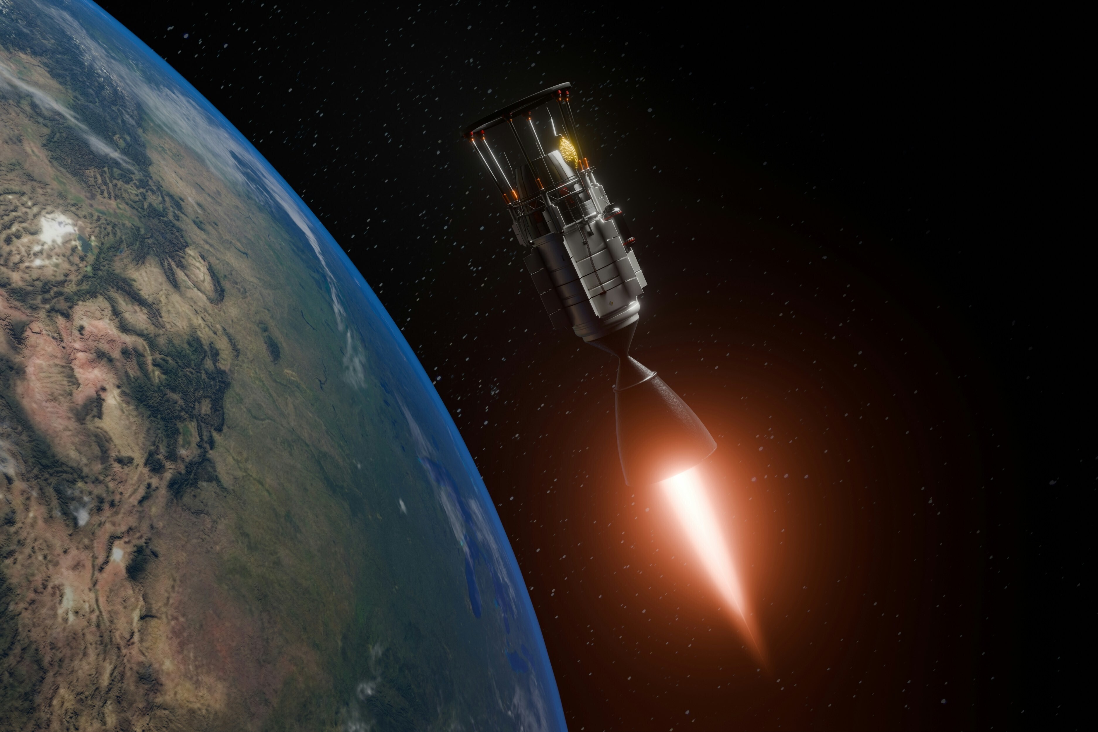 An artist's rendering of a space station in orbit; propulsion engine