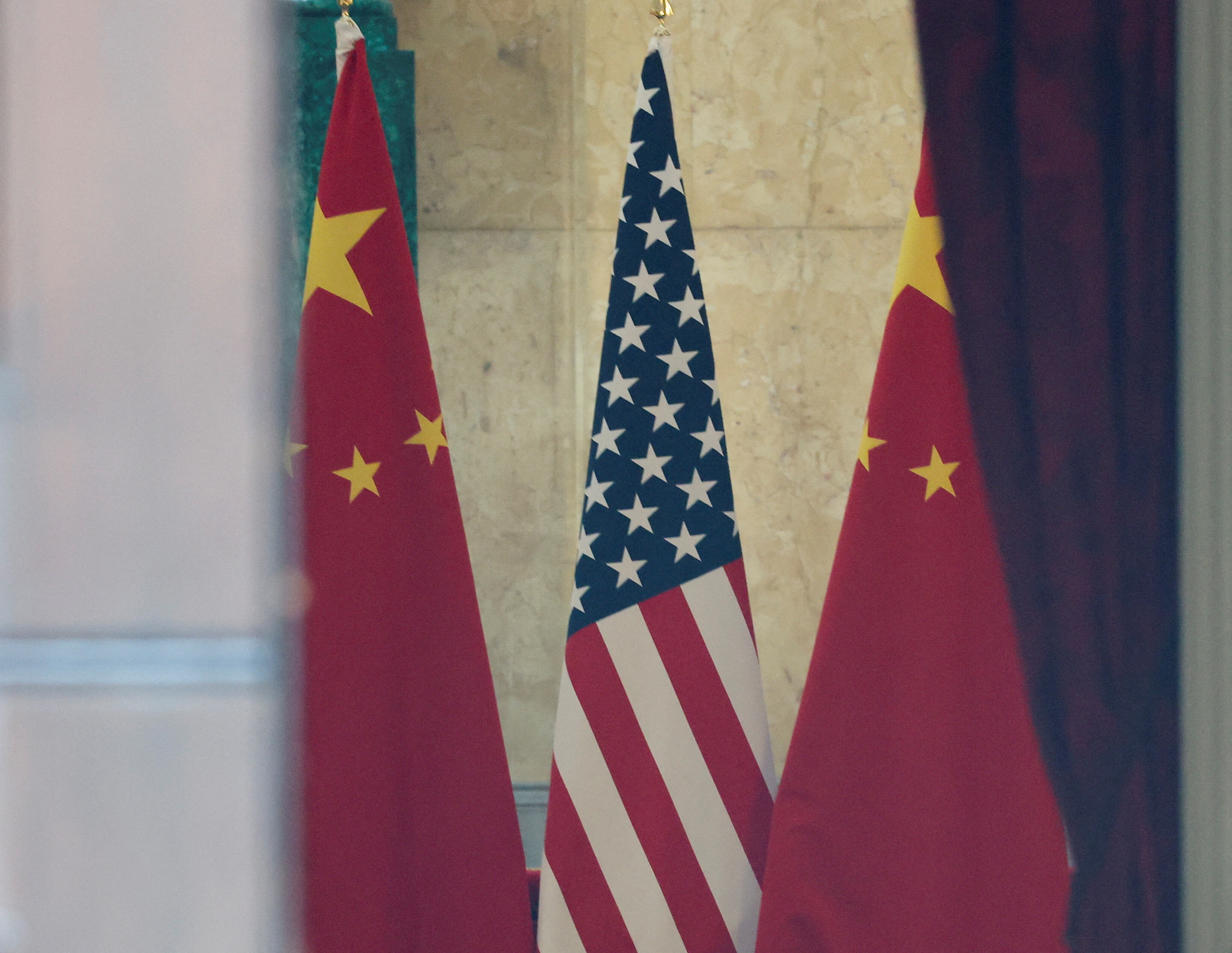 U.S. and China flags are pictured at Lancaster House, on the second day scheduled for trade talks between the U.S. and China, in London, Britain.