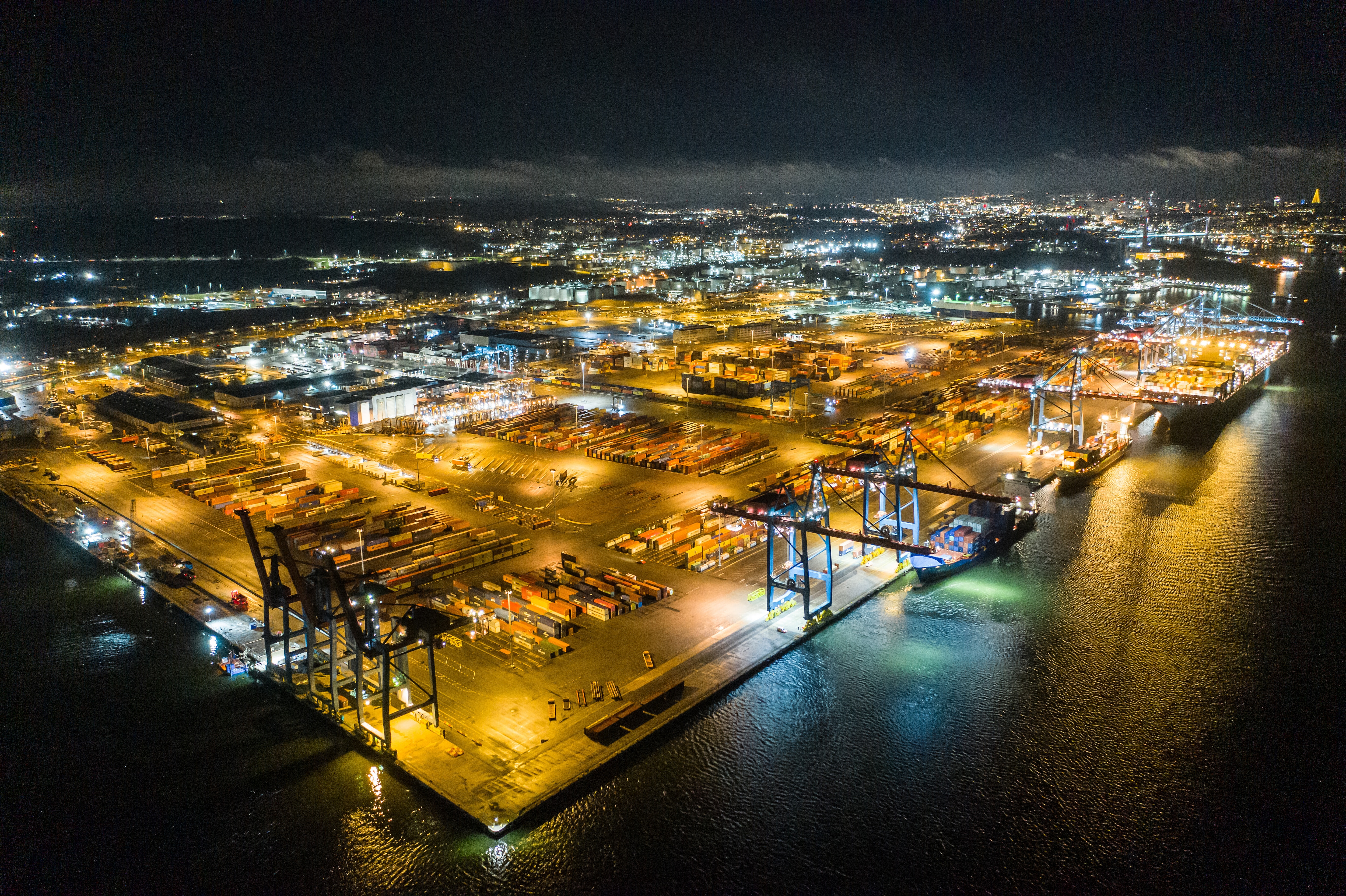 Port of Gothenburg at night.