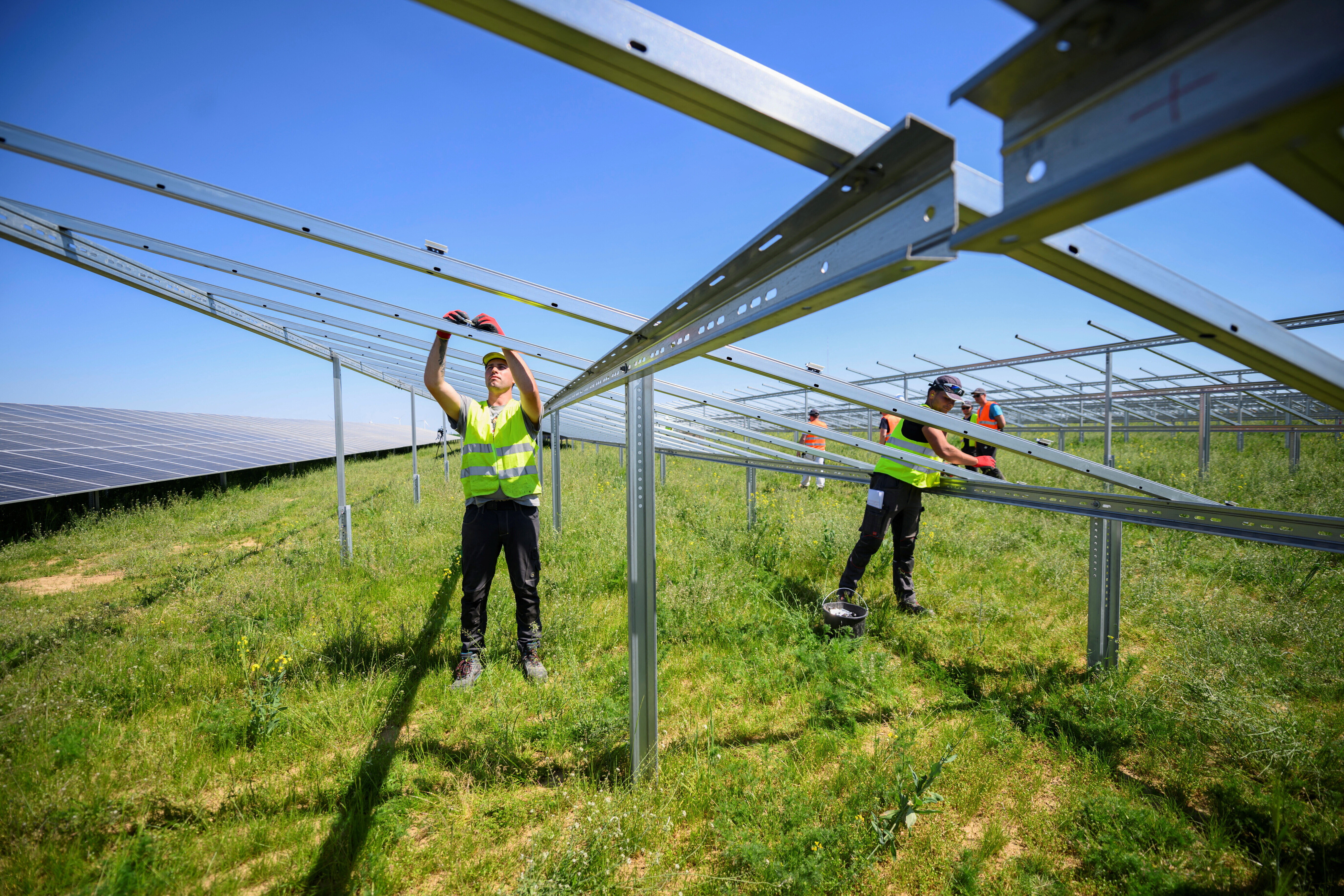 Trabajadores instalan nuevos paneles solares en una planta en construcción de la empresa eléctrica alemana RWE AG ubicada entre las ciudades de Bedburg y Jüchen (Alemania), el 13 de mayo de 2025. REUTERS/Jana Rodenbusch