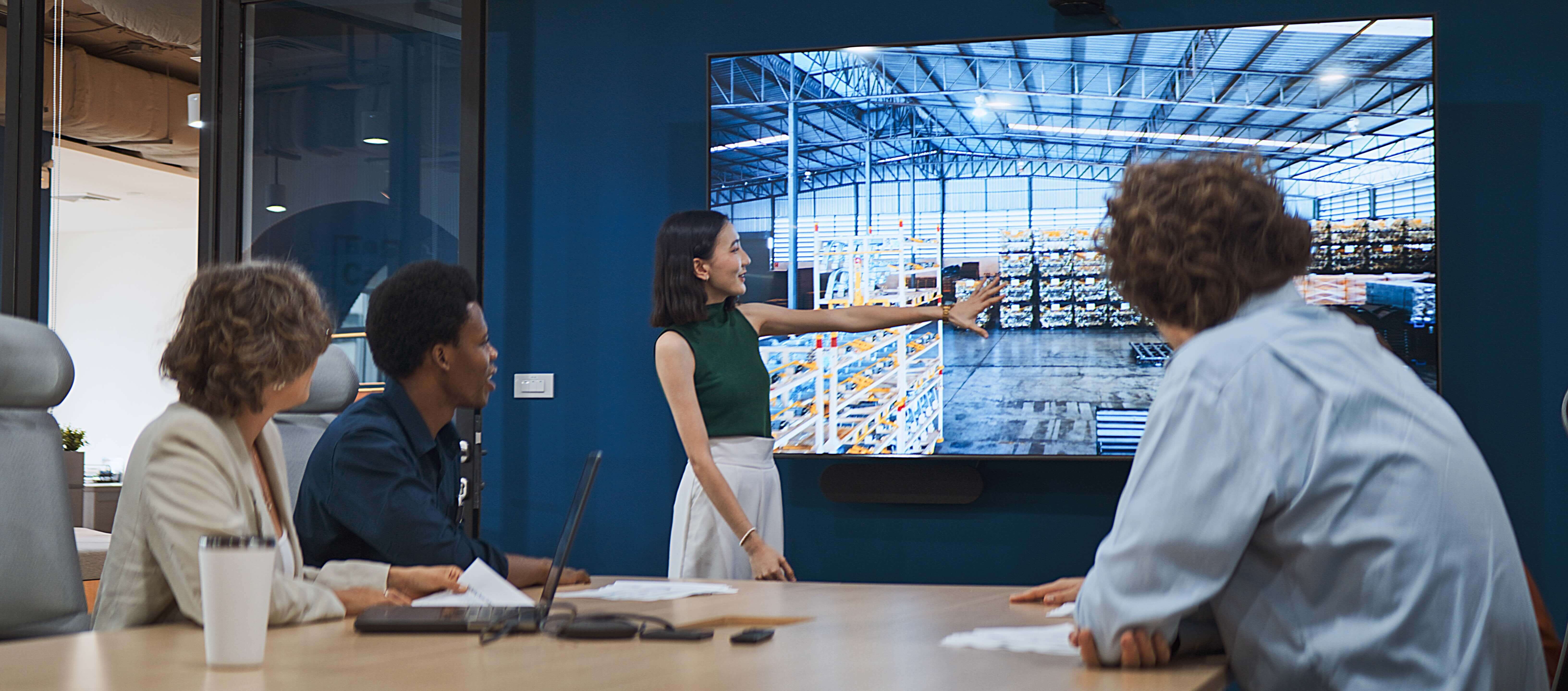 Group of gen z multiethnic businesspeople team meeting discussion in corporate office meeting room, presentation on TV screen. Workplace diversity, work life, team building, business people lifestyle, value chain