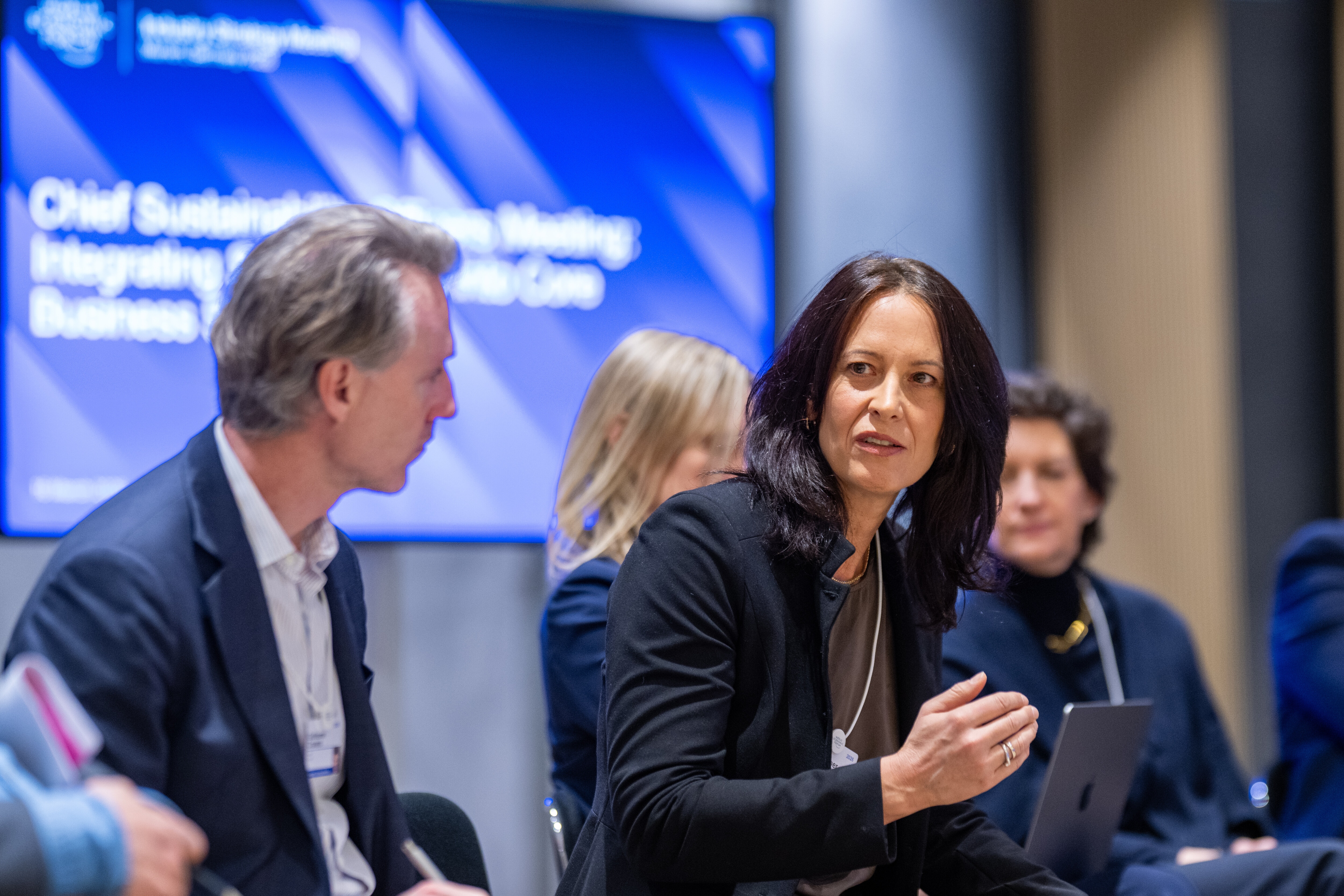 Chief Sustainability Officers Community Meeting: Integrating Sustainability into Core Business Strategy session with Eleni Giannakopoulou, Chief Strategy Officer, PPC Group, Greece; Eva Riesenhuber, Global Head, Sustainability, Siemens, Germany; Gurdeep Singh Kohli, MD, Group Strategy, Global Head of Enterprise Innovation, Standard Chartered, United Kingdom; Heather Johnson, Vice-President, Sustainability and Corporate Responsibility, Ericsson, Sweden; JÃ¶rg Eigendorf, Chief Sustainability Officer, Deutsche Bank, Germany; at the Industry Strategy Meeting 2026 in Munich, Germany, on 16/3/2026 from 10:30 to 11:30 in the Siemens AG - Corporate Headquarters â Level 0 - Studio, Roundtable. (cxo/cso). Â©2026 World Economic Forum / Lennart Preiss