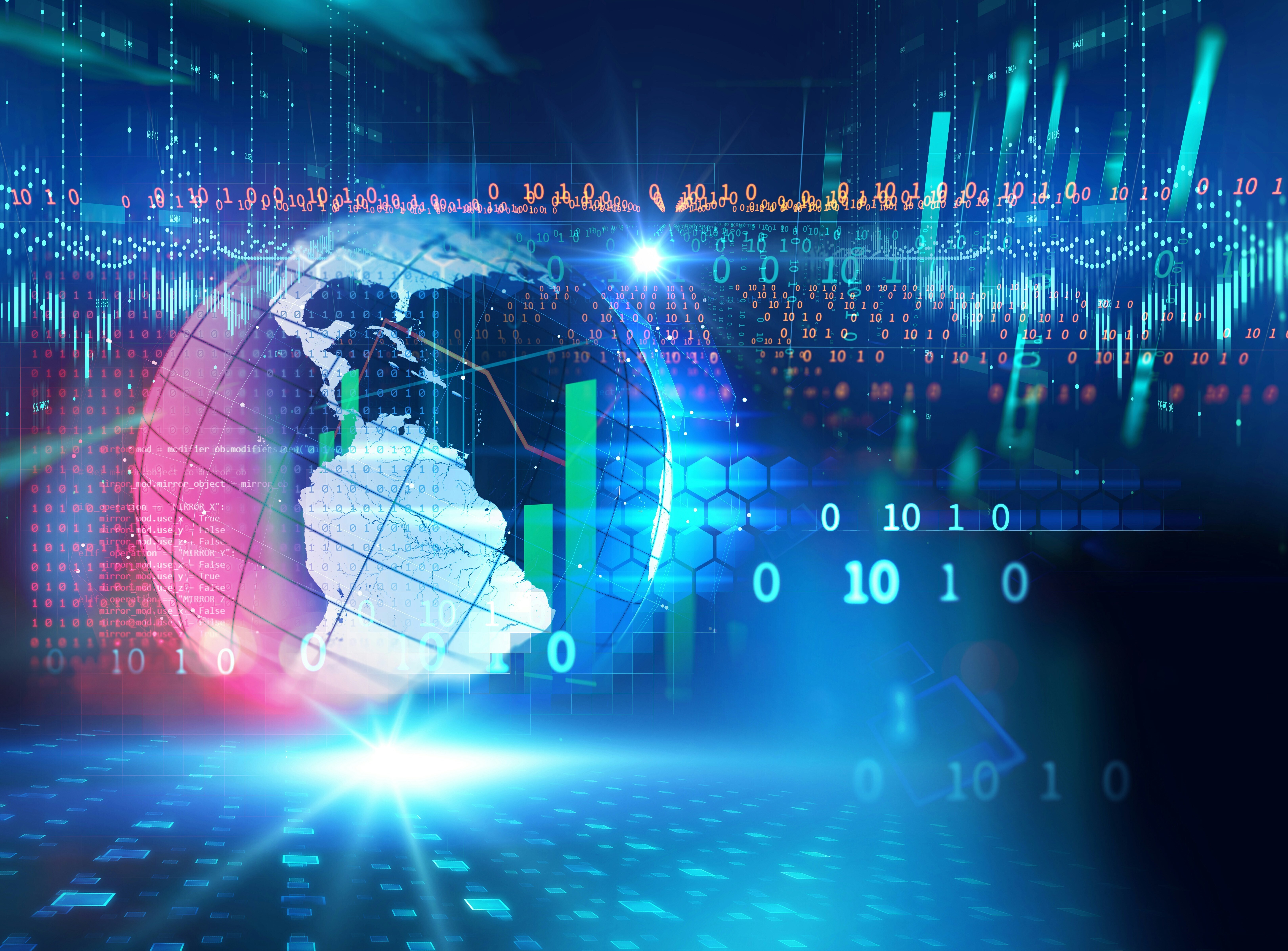 A graphic of a globe with binary digits overlayed and placed in the background: AI and GenAI advance AI-powered financial inclusion with hyper-personalized guidance