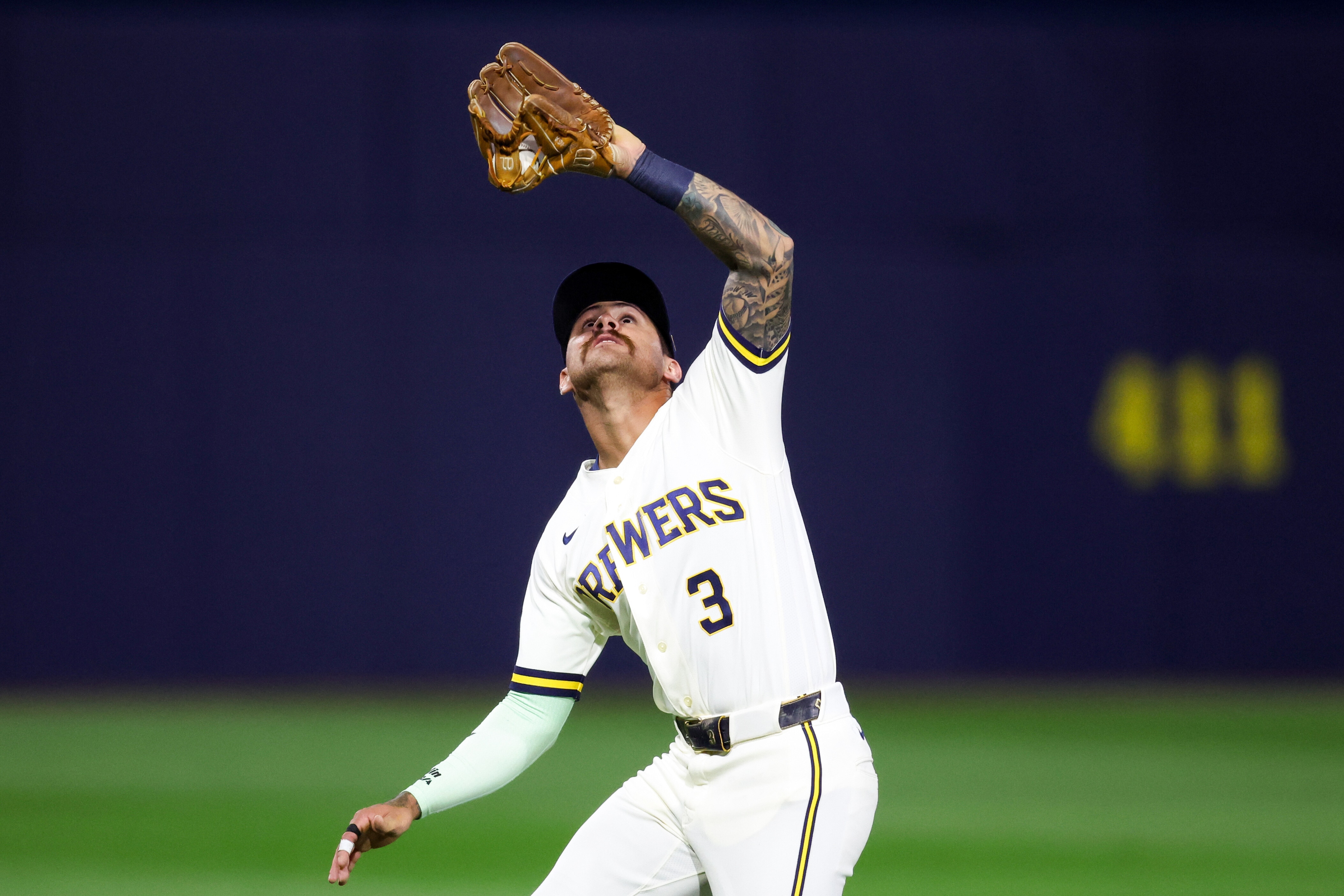 Aug 23, 2026; Williamsport, PA, USA;  Milwaukee Brewers shortstop Joey Ortiz (3) catches the fly ball for the final out during the fourth inning of the MLB Little League Classic against the Atlanta Braves at Journey Bank Ballpark at Historic Bowman Field.  Mandatory Credit: Matthew O'Haren-Imagn Images