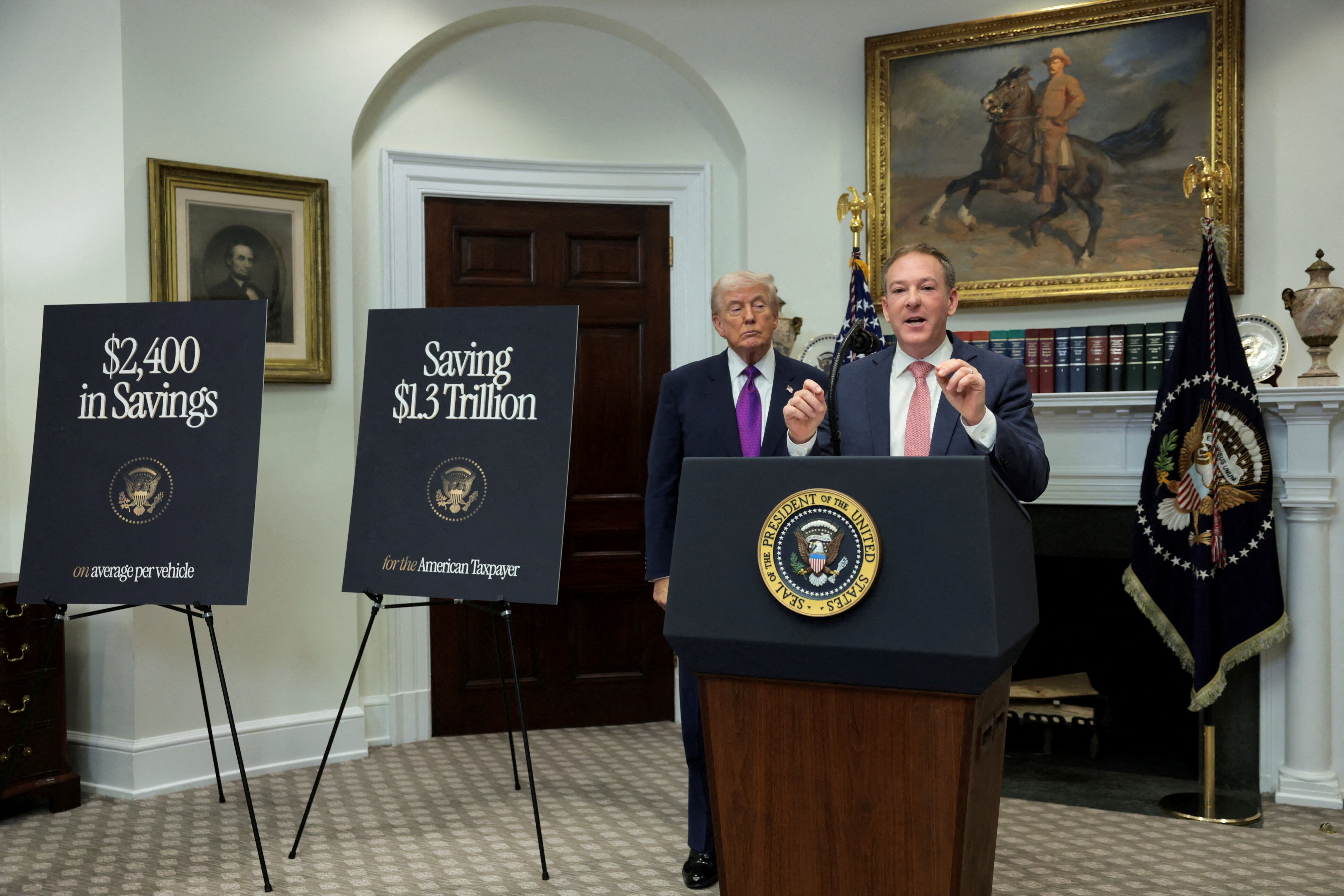 Environmental Protection Agency (EPA) Administrator Lee Zeldin speaks accompanied by US President Donald Trump, at the White House in Washington, D.C., U.S., February 12, 2026.